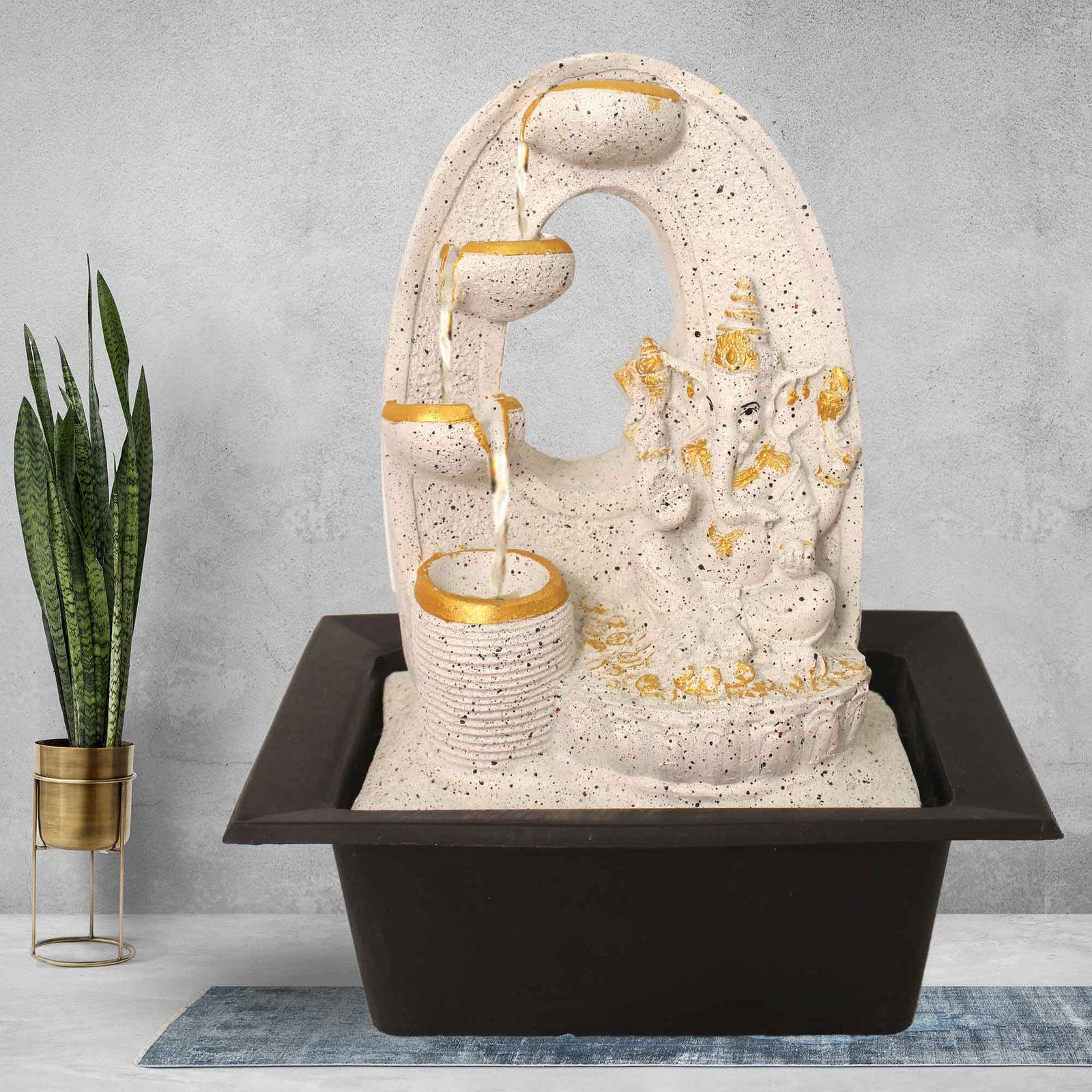 Polyresin Ganesh small desktop water fountain With Led Light - sandstone Finish 39 cm G57GX0194WGDMX