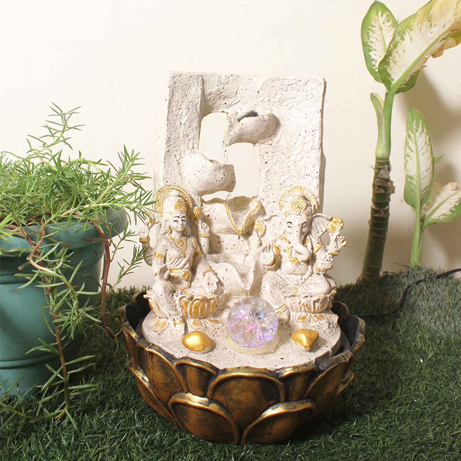 Laxmi Ganesha small tabletop fountain With Led Light & Crystal Ball - sandstone Finish 39 cm G57GX0195IGDMX
