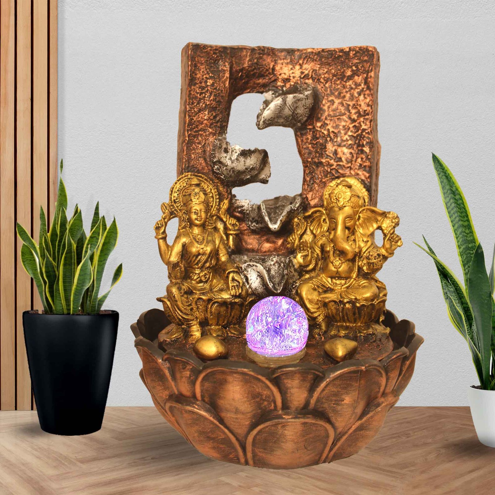 Laxmi Ganesha small water fountain for garden With Led Light & Crystal Ball - Metalic Antique Finish 39 cm G57GX0195MGAMX