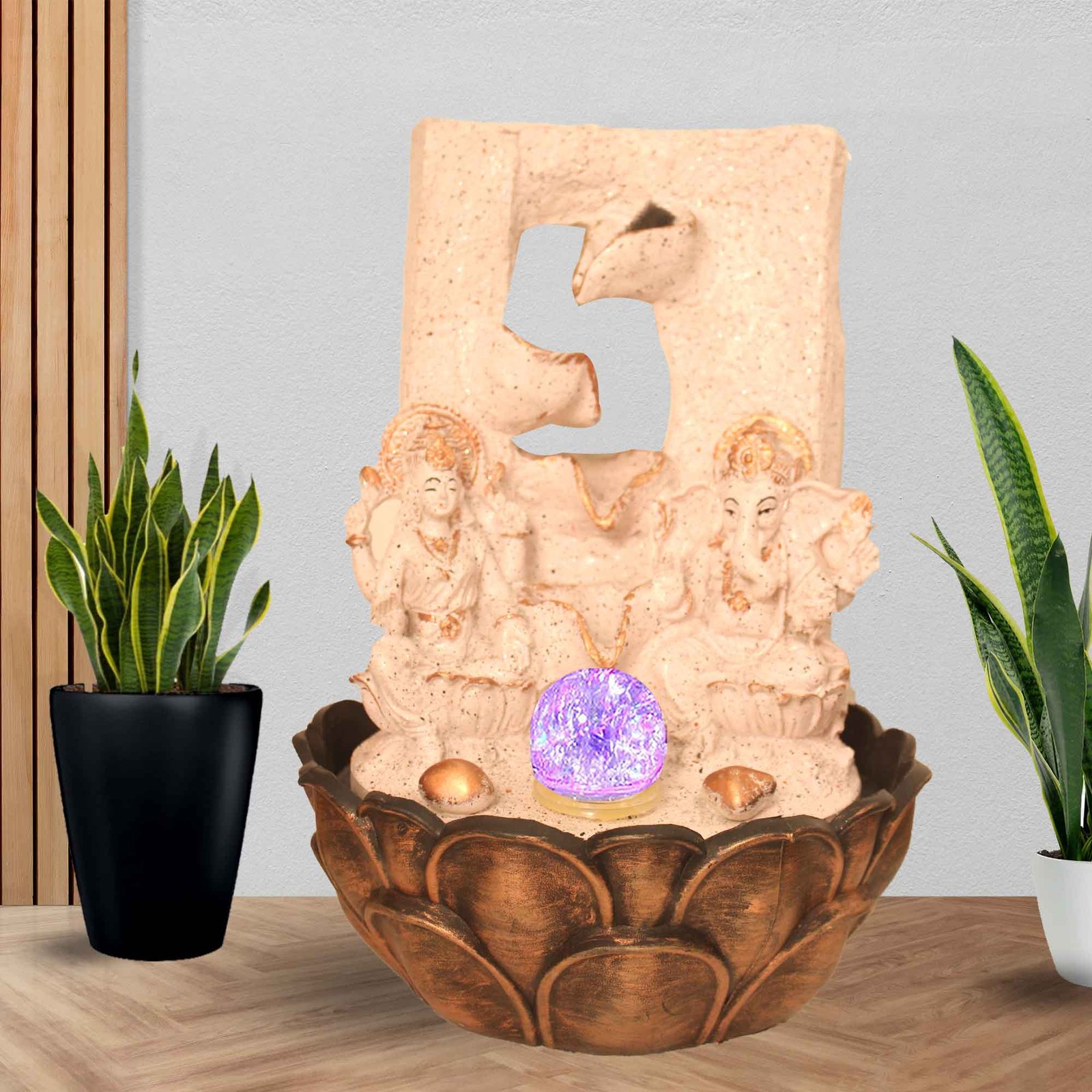 Laxmi Ganesha small size water fountain for home With Led Light & Crystal Ball - sandstone Finish 39 cm G57GX0195PCDMX