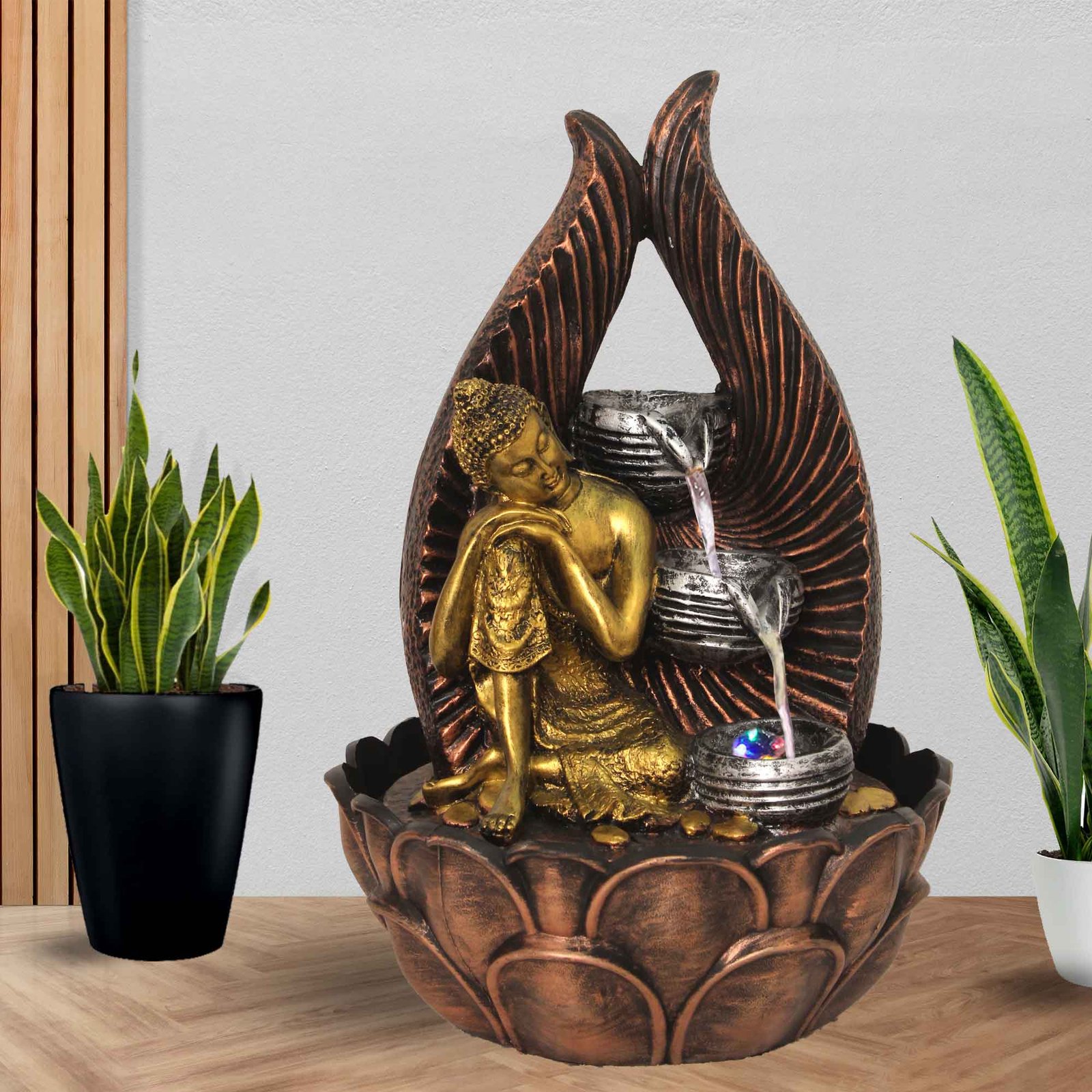 Resting Buddha tabletop fountain indoor With Led Light - Metalic Antique Finish 42 cm G57GX0196MGAMX
