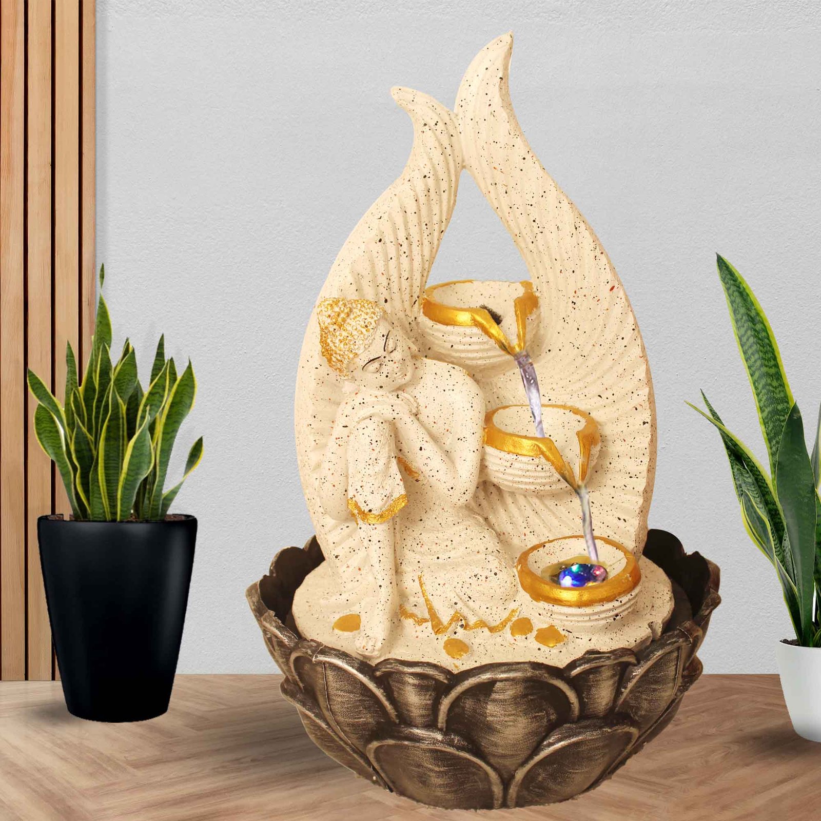 Resting Buddha small water fountain for home With Led Light - sandstone Finish 42 cm G57GX0196WGDMX