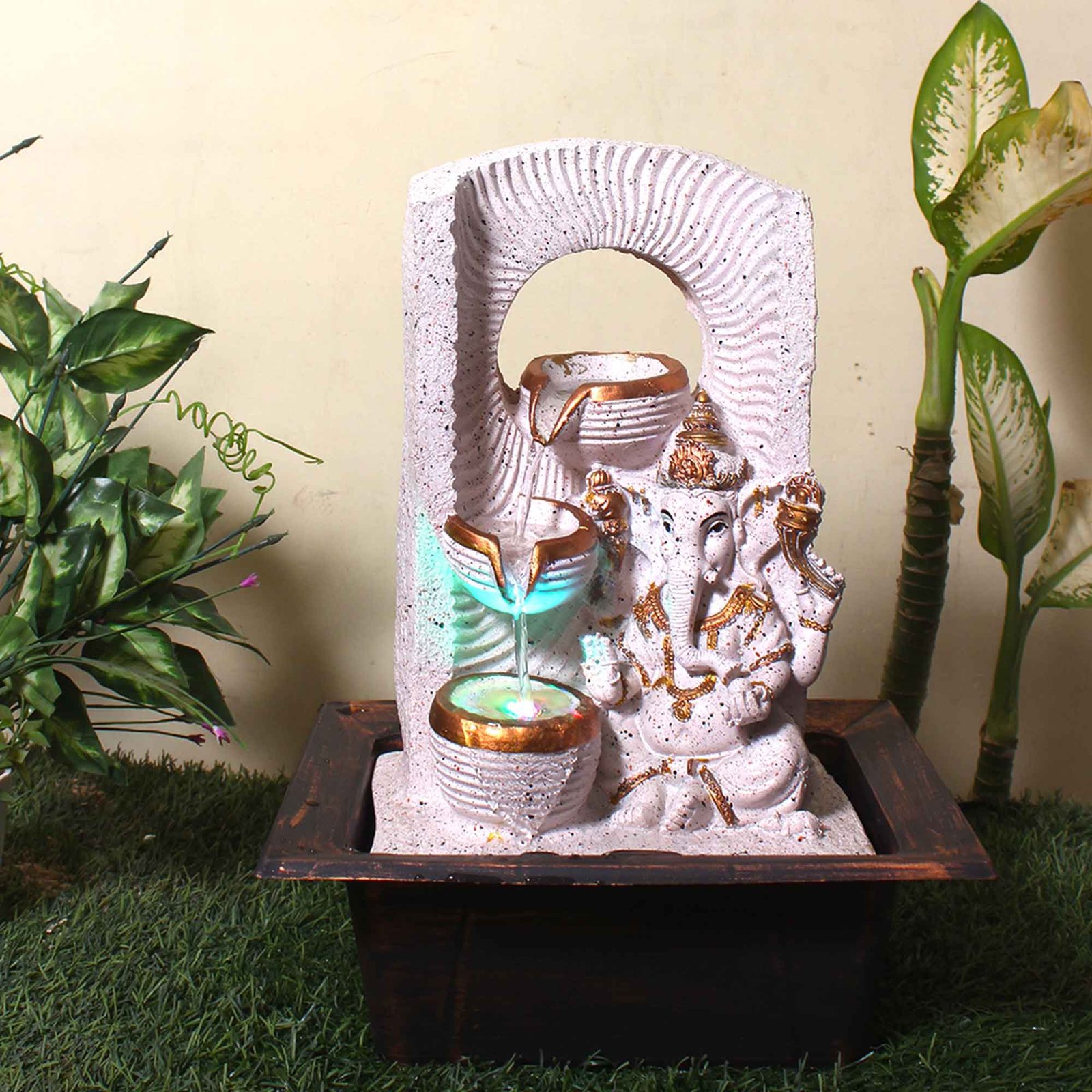 Marble Dust Ganesh small water fountain for garden With Led Light - sandstone Finish 42 cm G57GX0198PCDMX