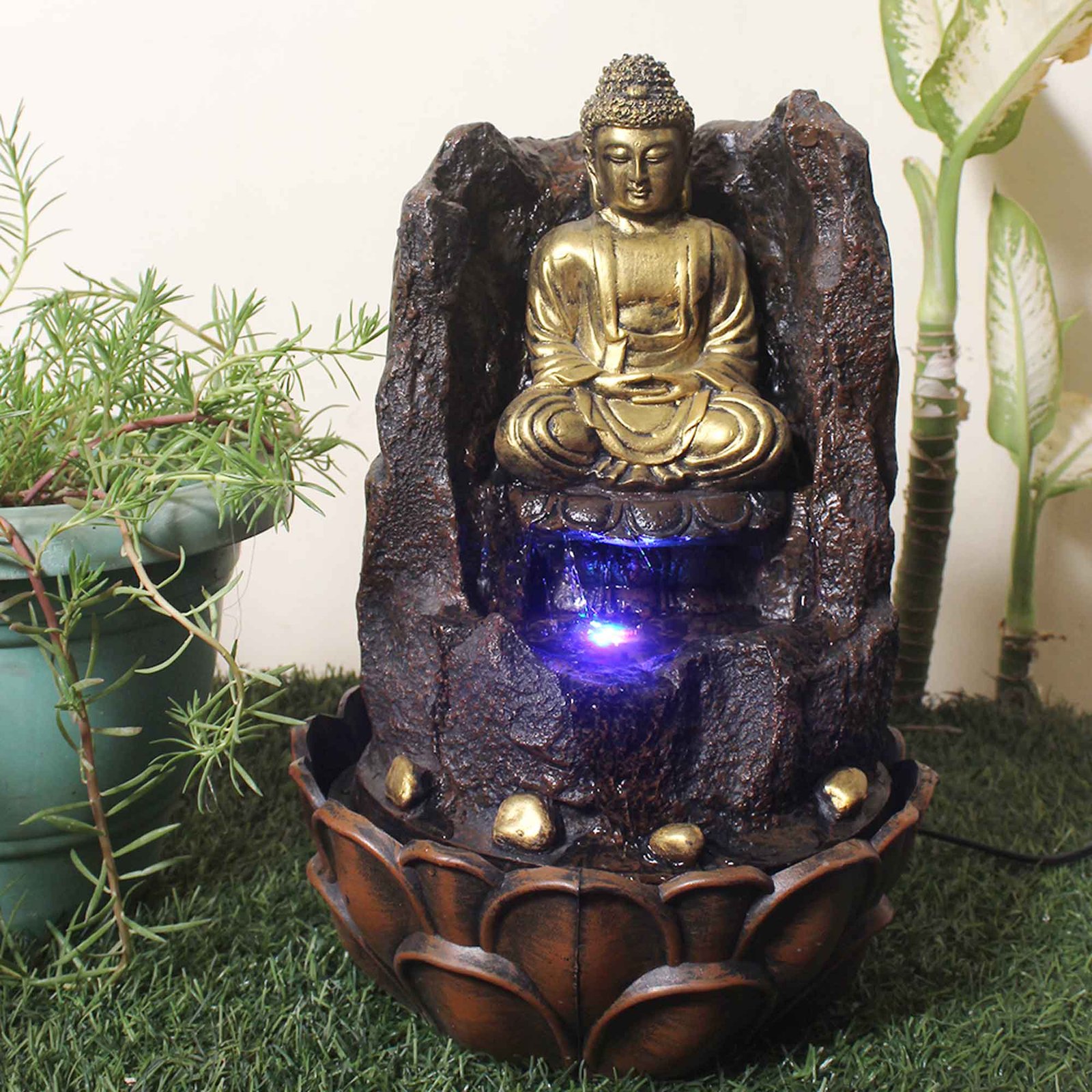 Buddha Sitting on Pahad tabletop water fountain for home With Led Light - Metalic Antique Finish 42 cm G57GX0199AGAMX