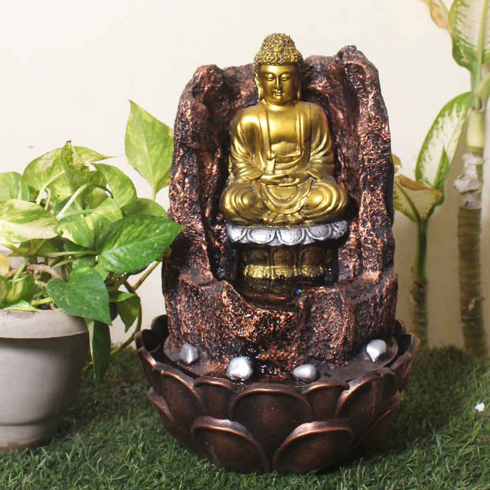Buddha Sitting on Pahad tabletop waterfall fountain With Led Light - Metalic Antique Finish 42 cm G57GX0199MGAMX
