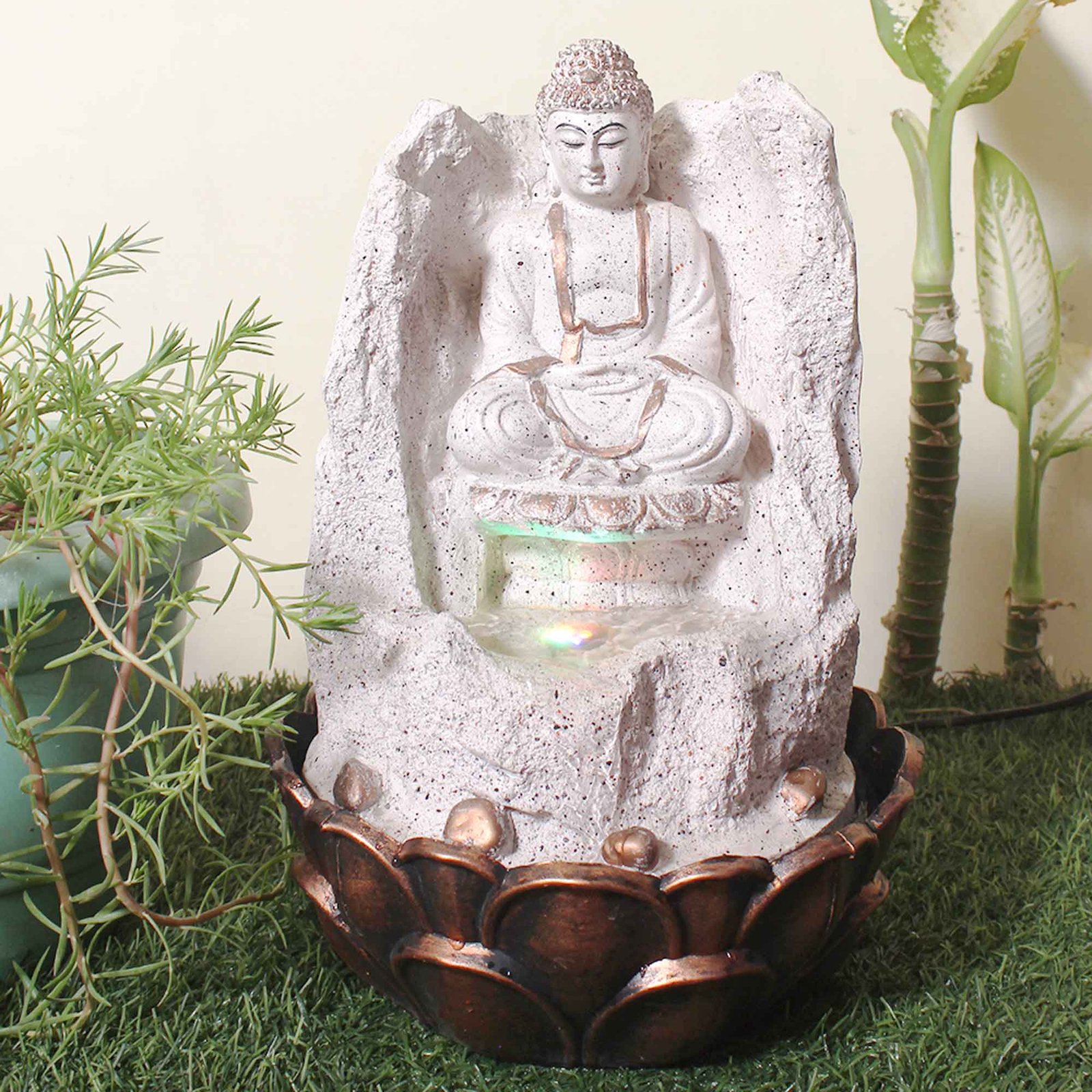 Buddha Sitting on Pahad tabletop small indoor water fountain With Led Light - sandstone Finish 42 cm G57GX0199PCDMX