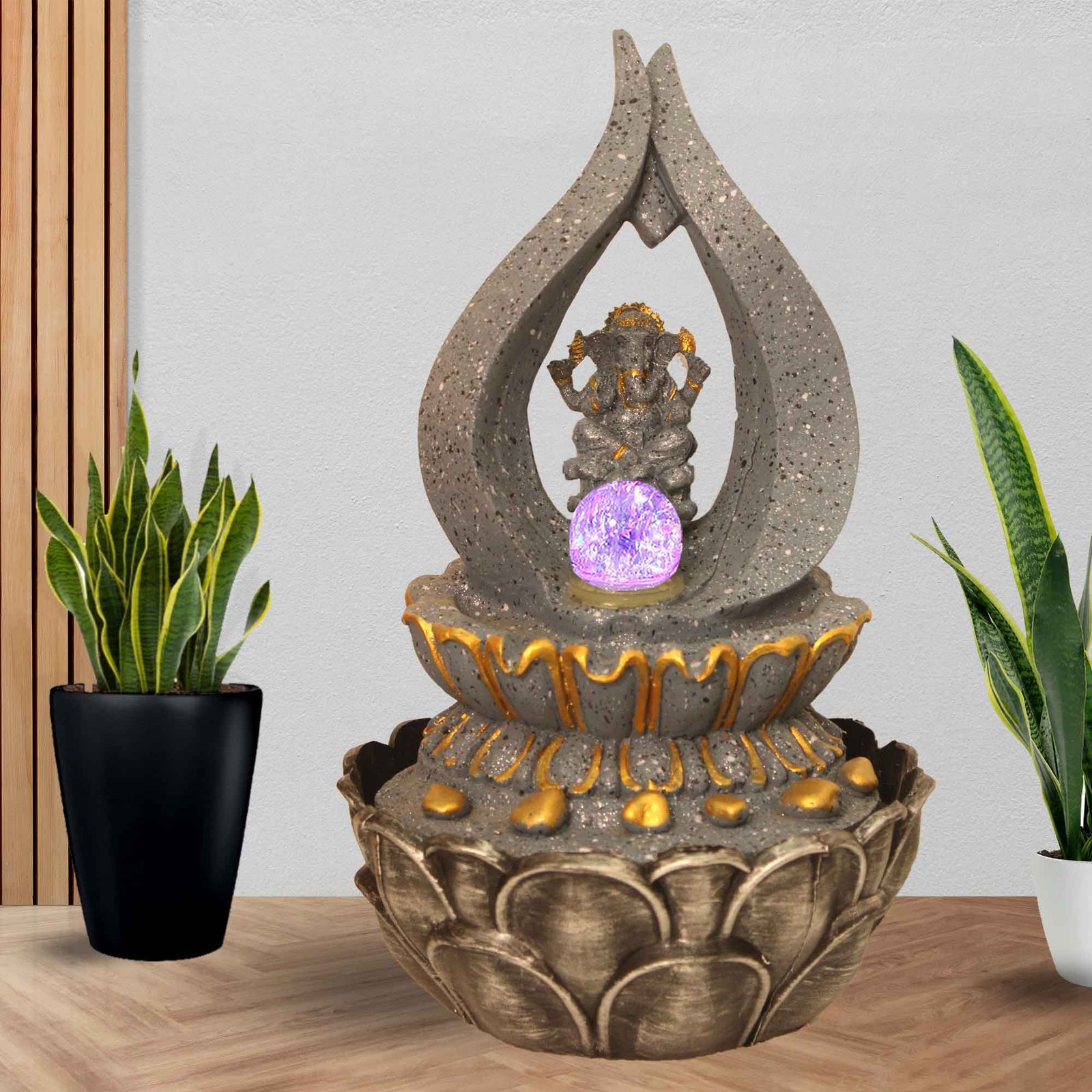 Handicraft Ganesha water fountain for indoor use With Led Light & Crystal Ball - sandstone Finish 43 cm G57GX0201FGDMX