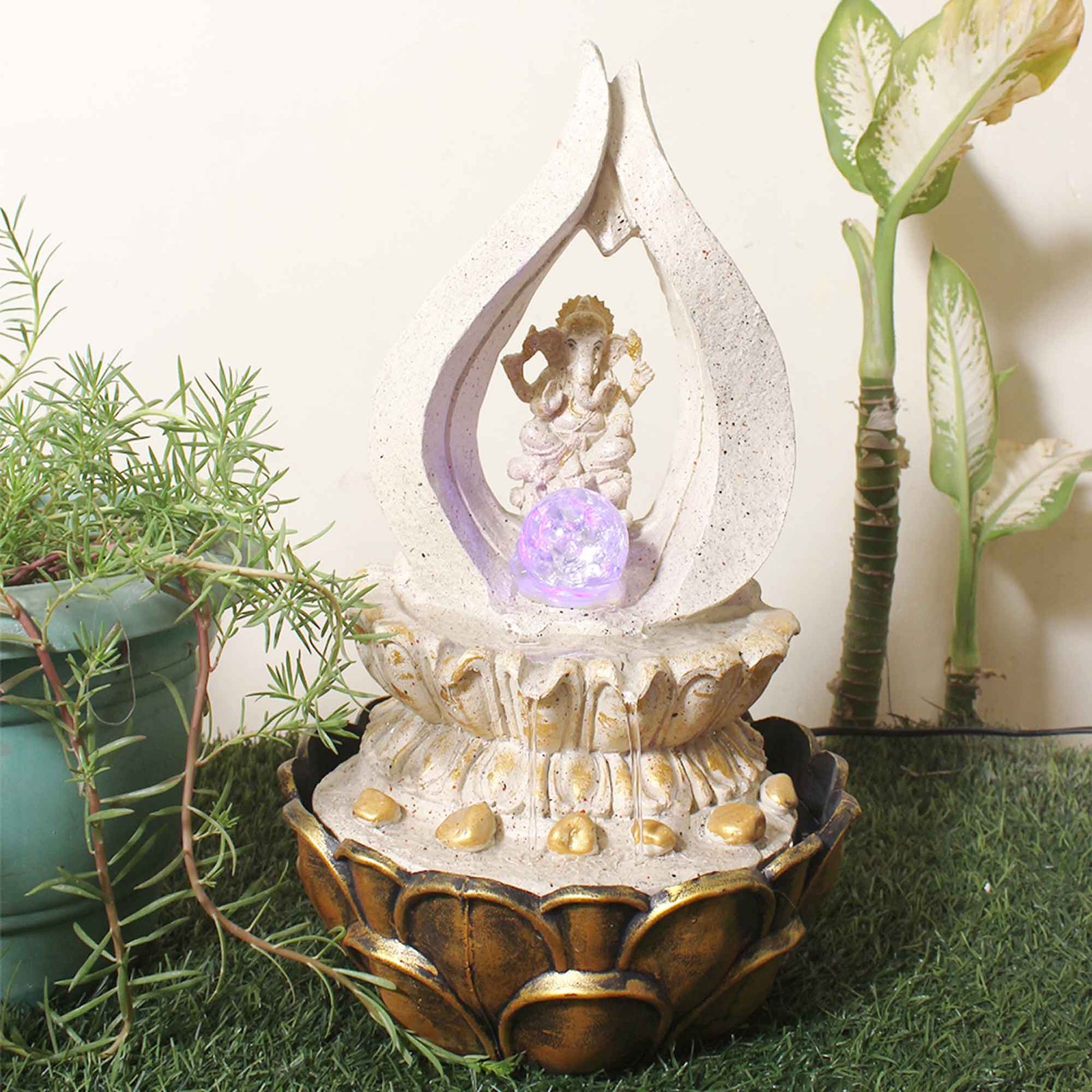 Handicraft Ganesha water fountain for house With Led Light & Crystal Ball - sandstone Finish 43 cm G57GX0201IGDMX