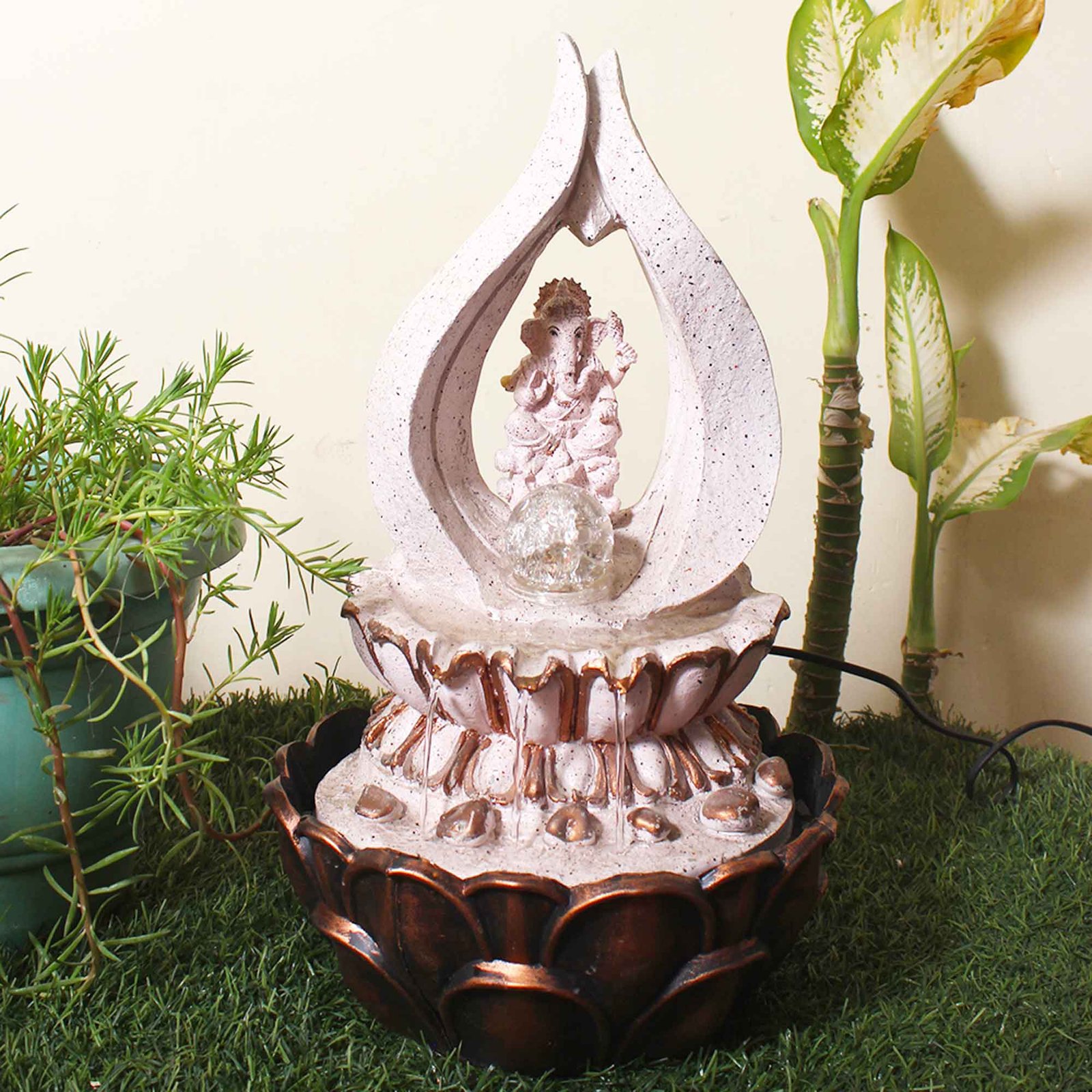Handicraft Ganesha water fountain for home with light With Led Light & Crystal Ball - sandstone Finish 43 cm G57GX0201PCDMX