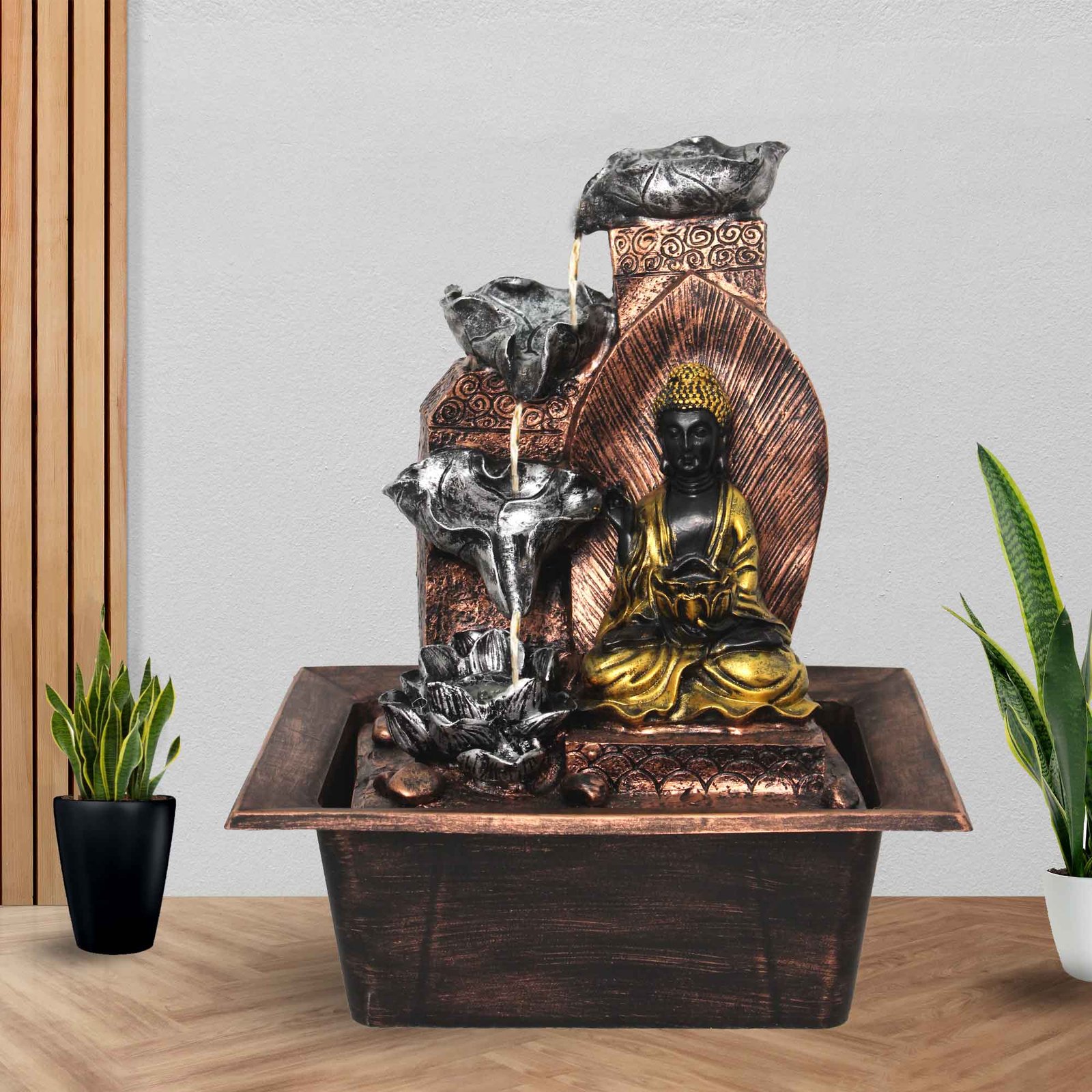 Floral Art Buddha water fountain for living room With Led Light - Metalic Antique Finish 38 cm G57GX0203MGAMX