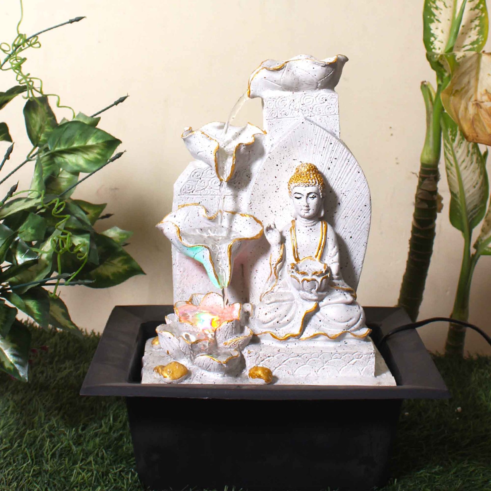 Floral Art Buddha water fountain for home indoor With Led Light - sandstone Finish 38 cm G57GX0203WGDMX