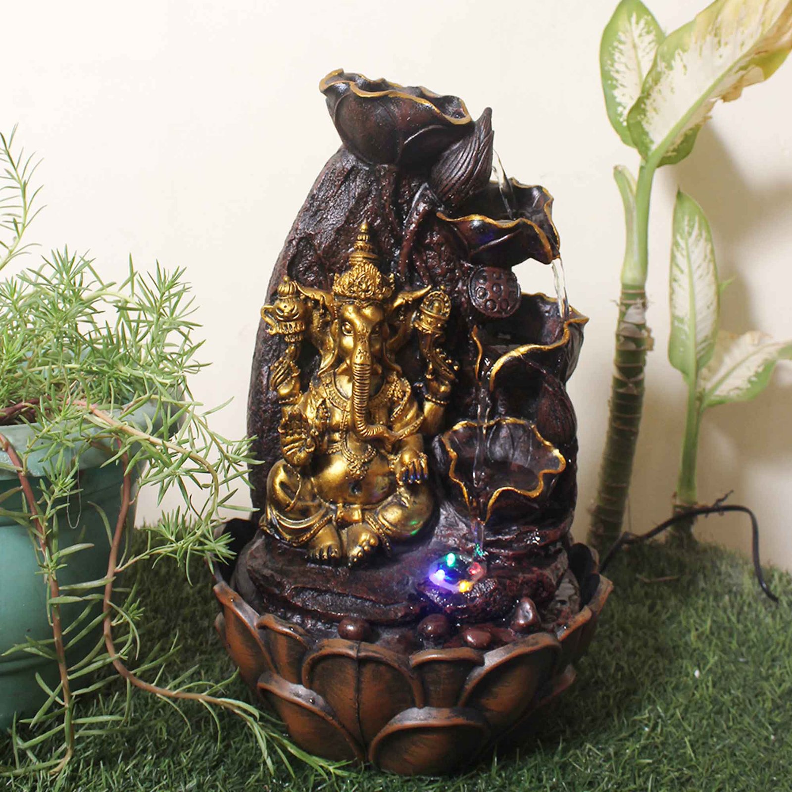 Diya Ganesh water fountain for home indoor With Led Light - Metalic Antique Finish 42 cm G57GX0205AGAMX