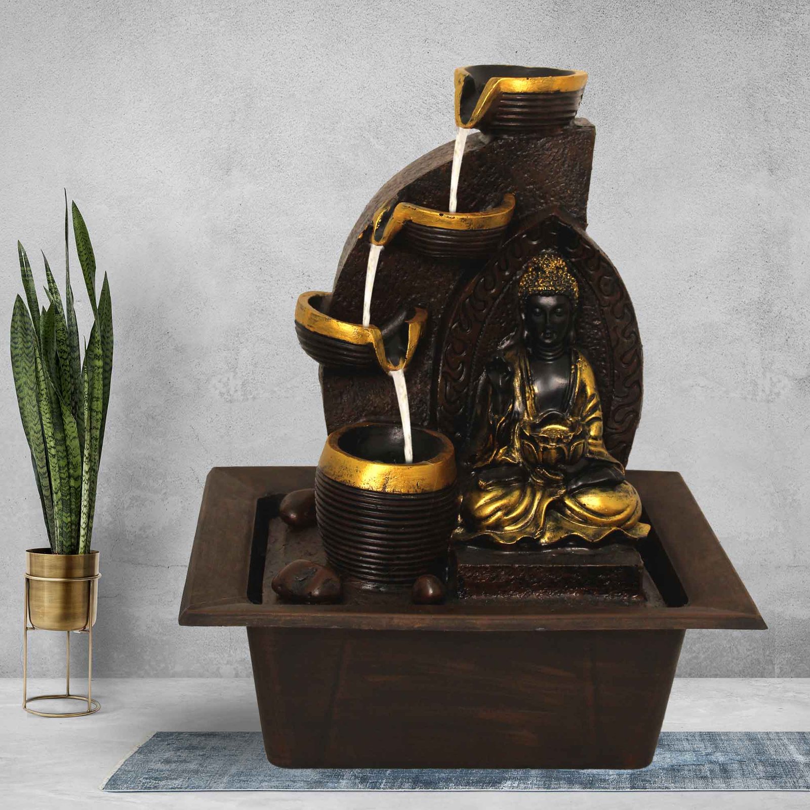 Handicraft Buddha waterfall for home decoration With Led Light - Metalic Antique Finish 38 cm G57GX0206AGAMX