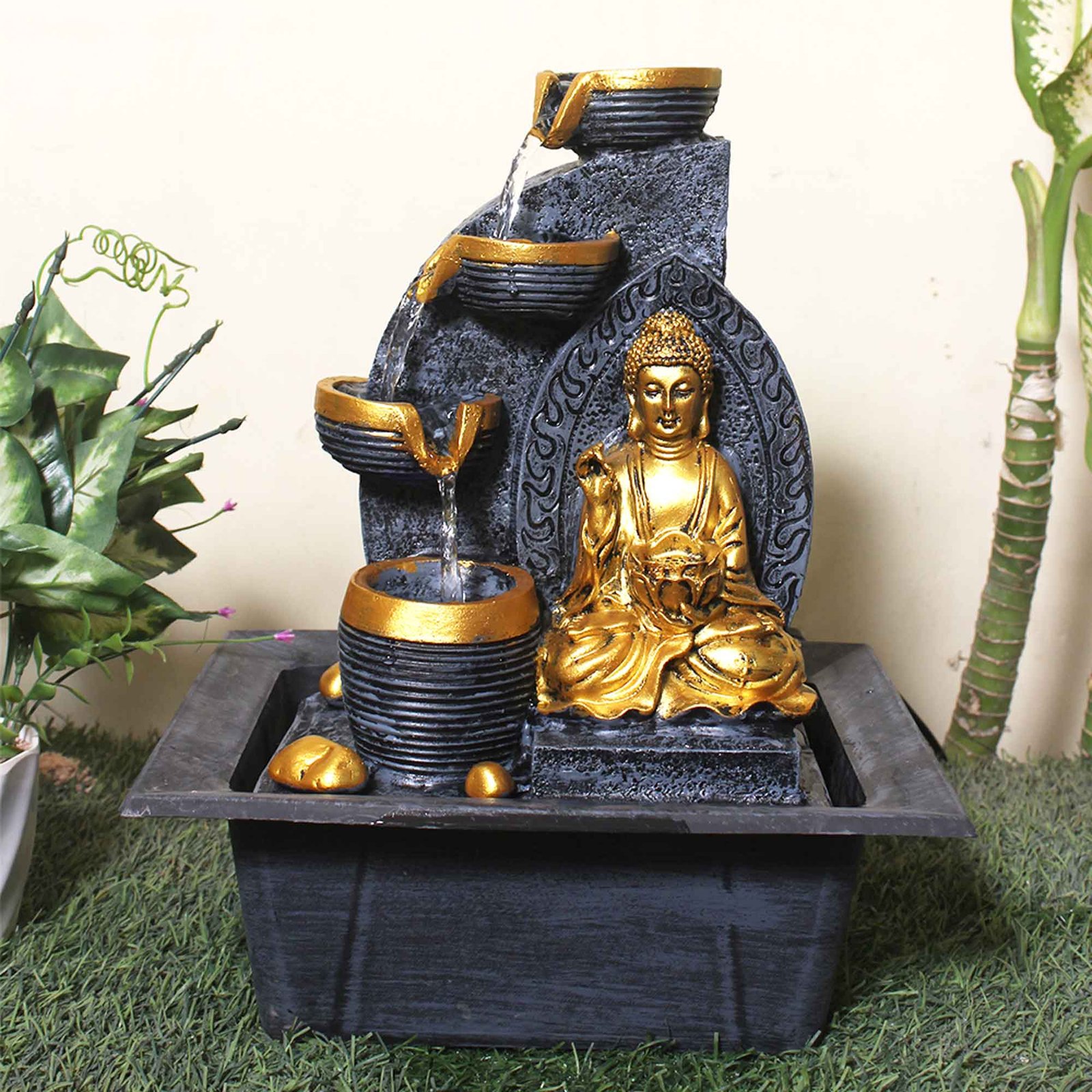 Handicraft Buddha waterfall fountain With Led Light - Metalic Antique Finish 38 cm G57GX0206FGAMX