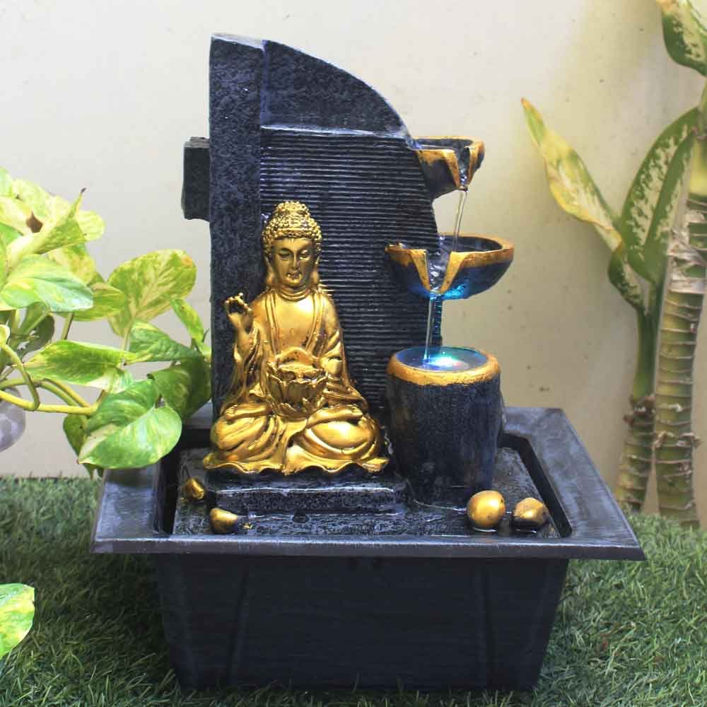 Diya Buddha waterfall tabletop fountain With Led Light - Metalic Antique Finish 38 cm G57GX0207FGAMX