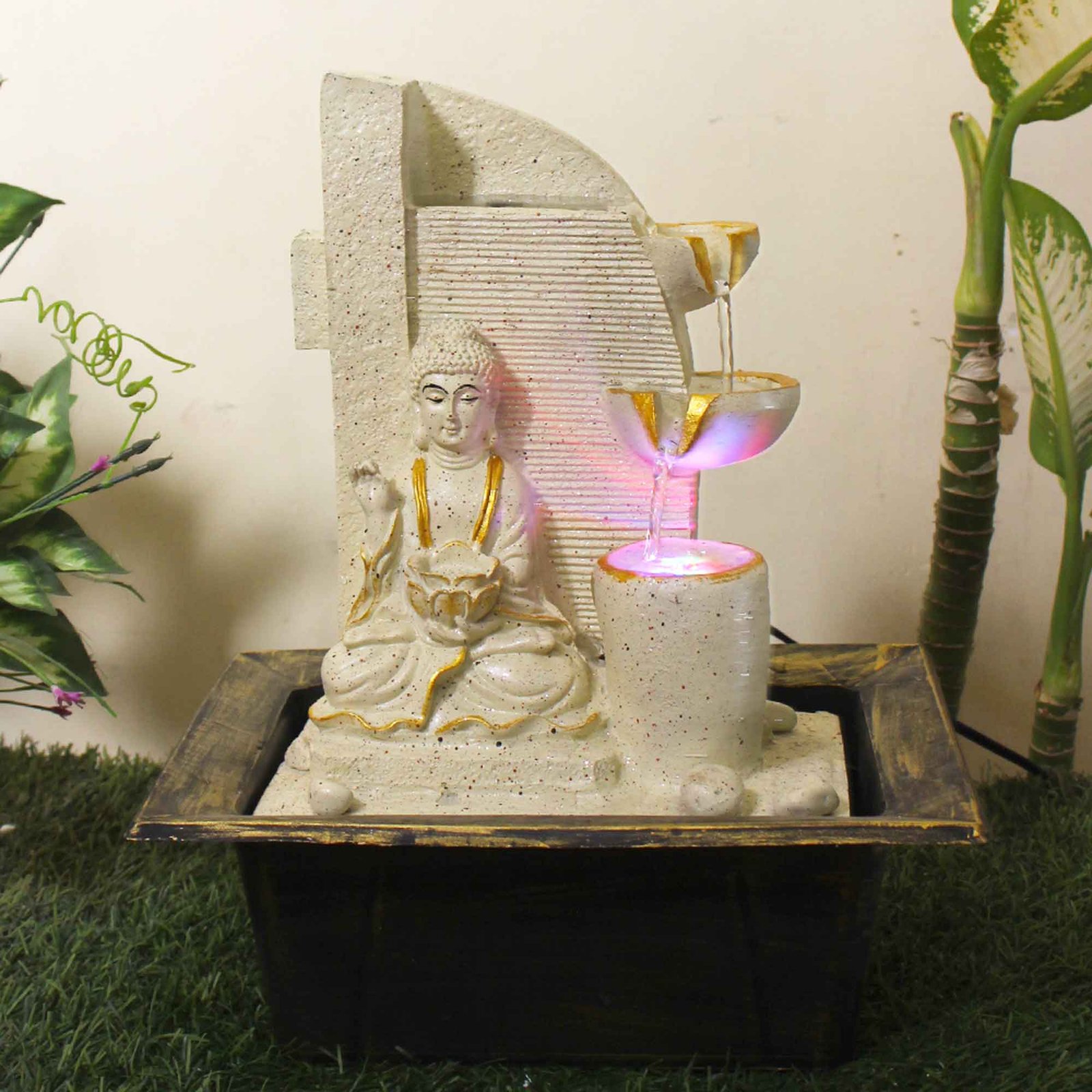 Diya Buddha waterfall showpiece With Led Light - sandstone Finish 38 cm G57GX0207IGDMX
