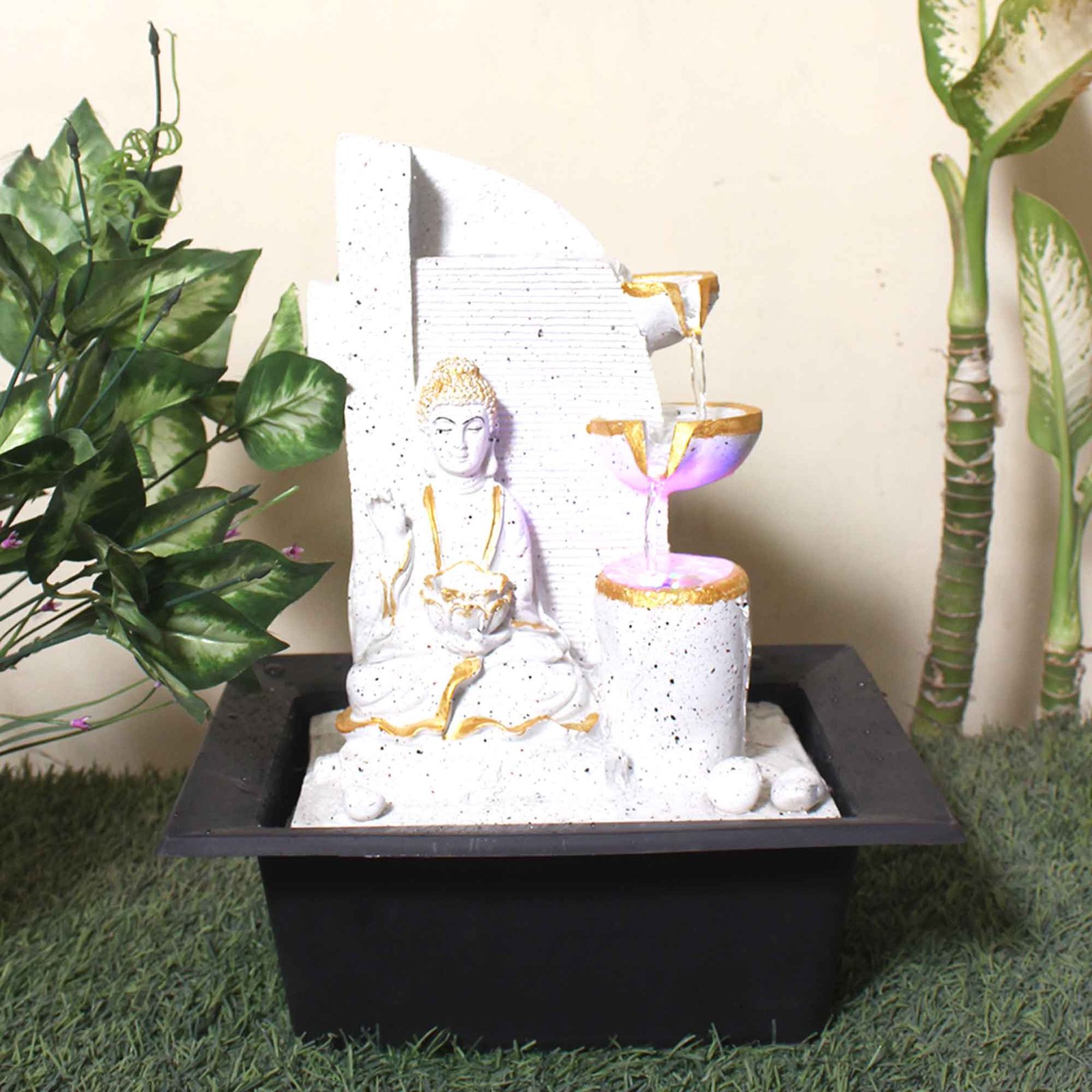 Diya Buddha waterfall home decor fountain With Led Light - sandstone Finish 38 cm G57GX0207WGDMX