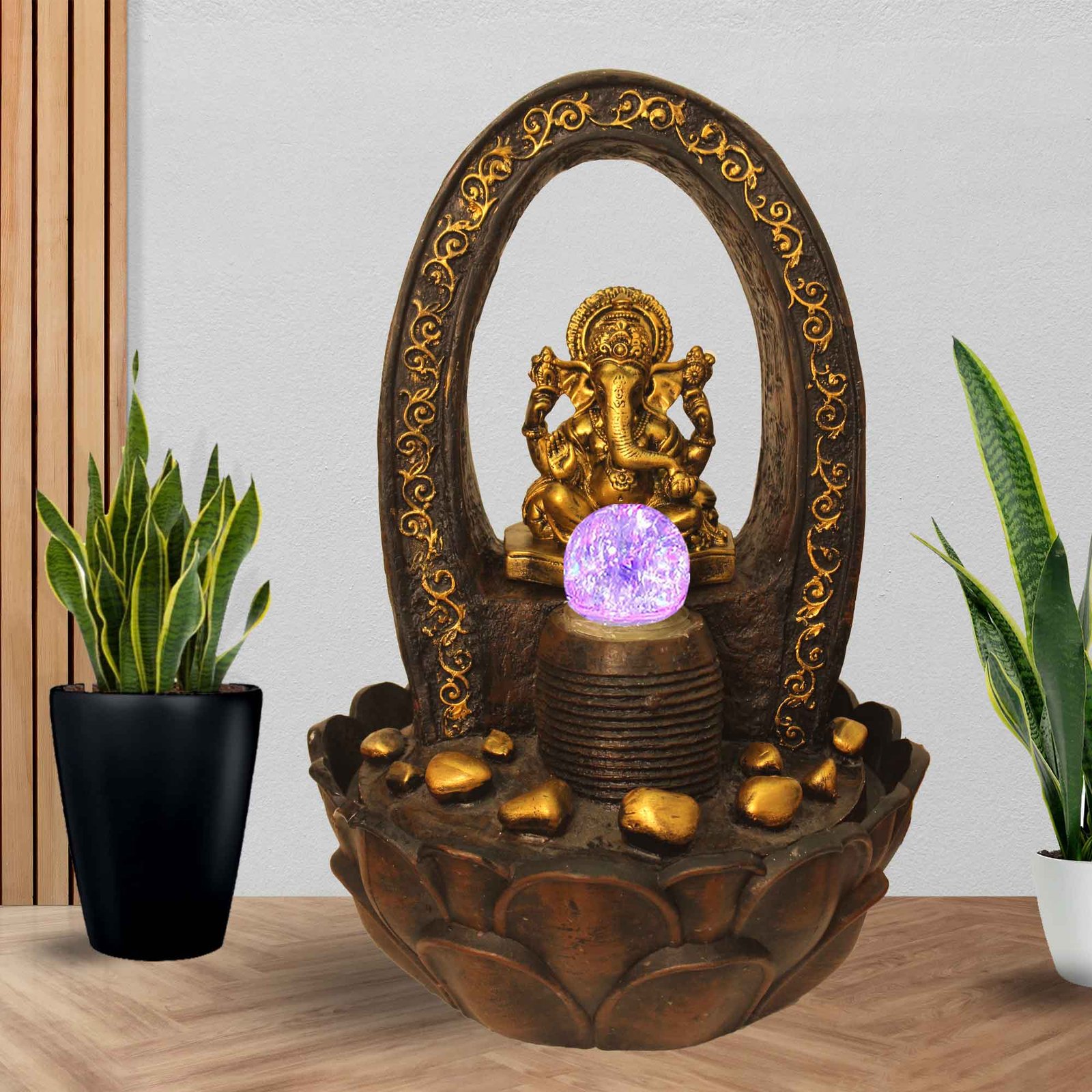 Polyresin Ganesha water fountain tabletop With Led Light & Crystal Ball - Metalic Antique Finish 41 cm G57GX0209AGAMX-641