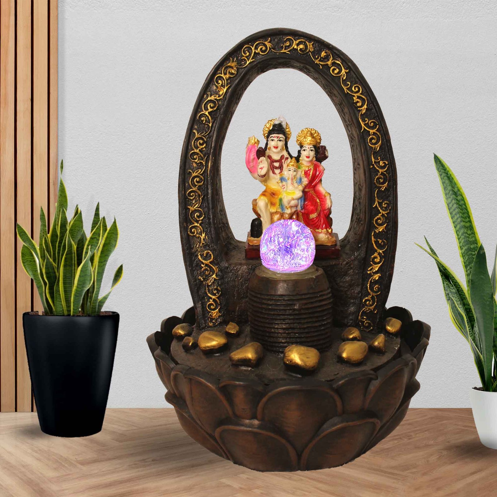 Lord Shiv Family waterfall fountain for home With Led Light & Crystal Ball - Metalic Antique Finish 41 cm G57GX0209AGAMX-67X0036M