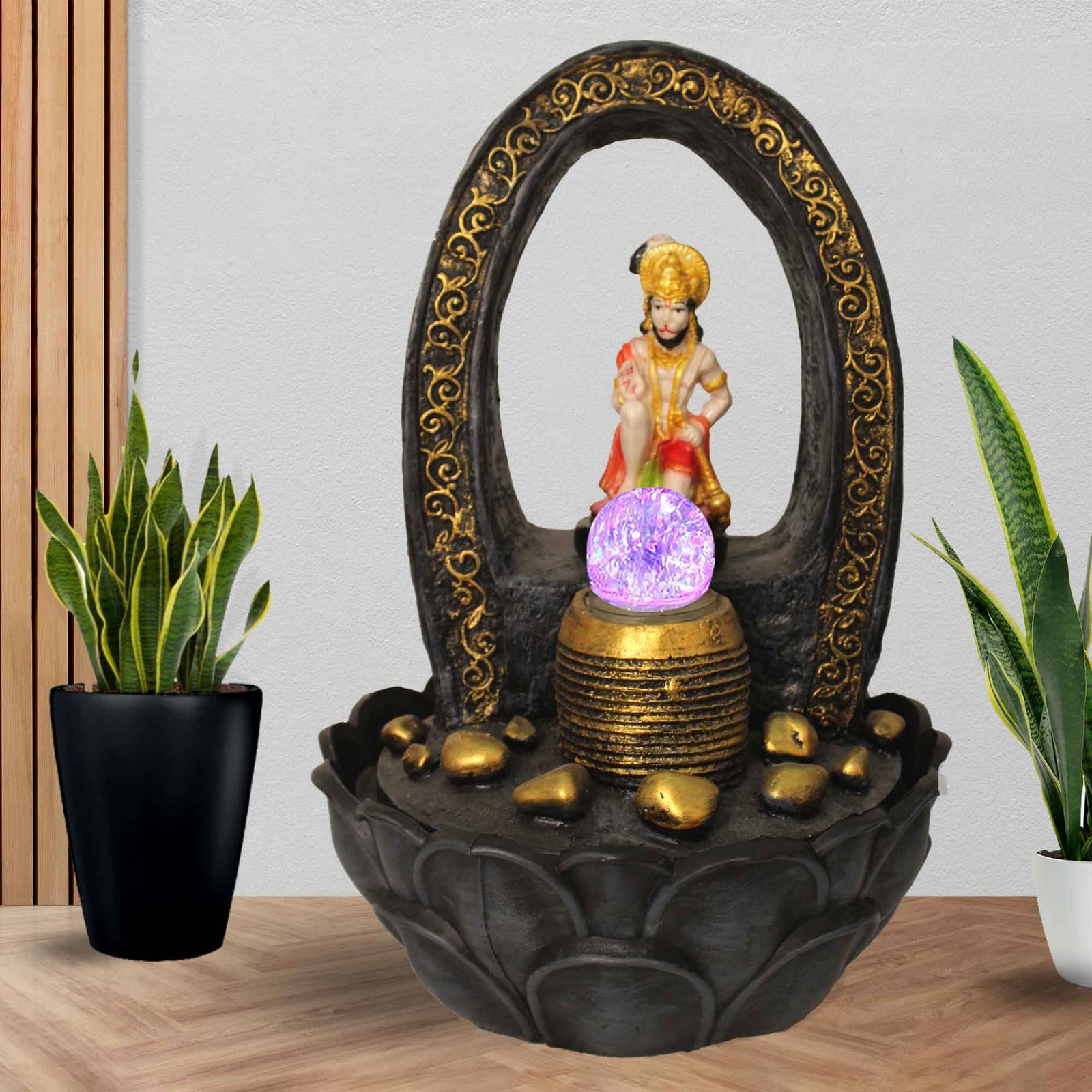 Lord Hanuman artificial waterfall indoor Fountain With Led Light & Crystal Ball - Metalic Antique Finish 41 cm G57GX0209FGAMX-67X0037M