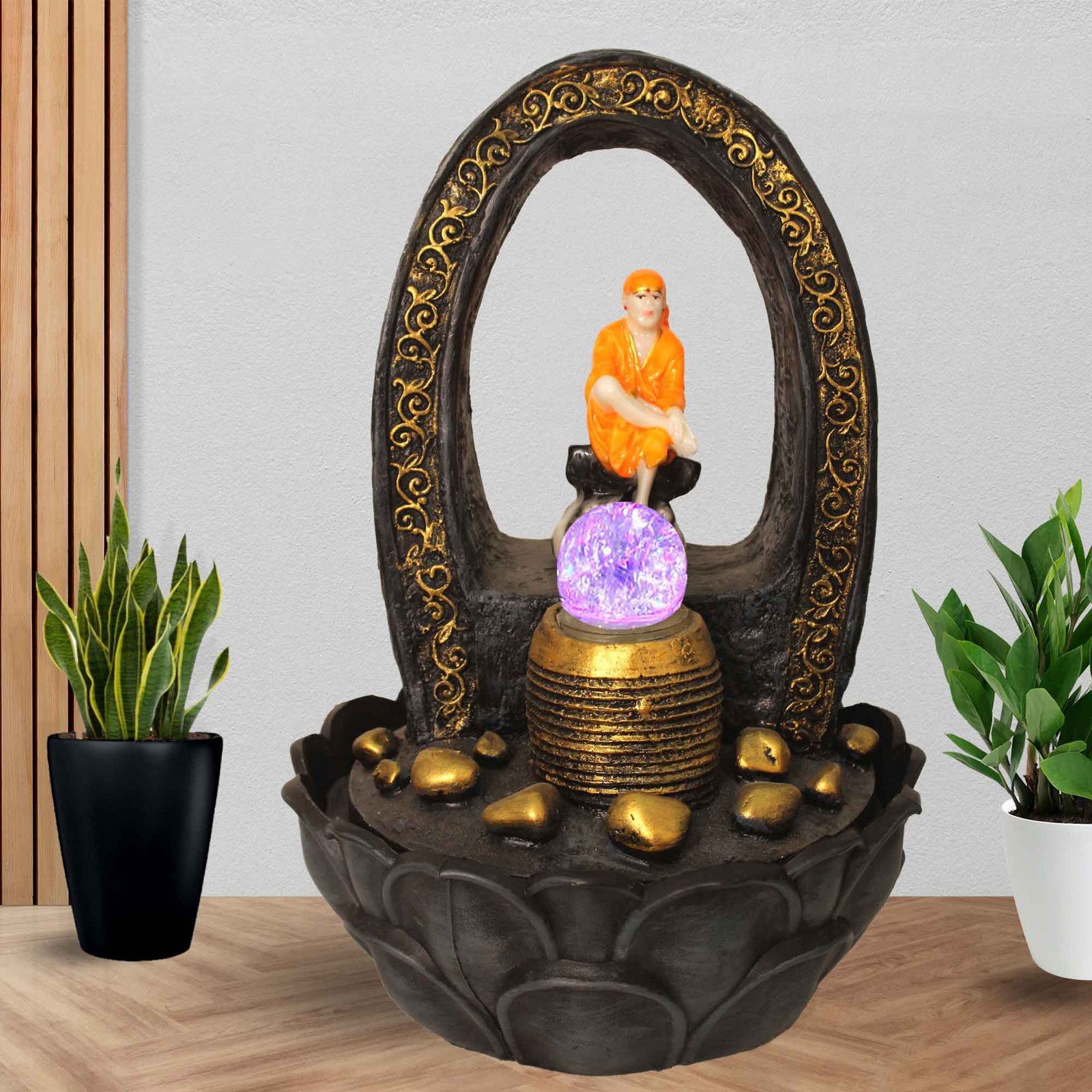 Handicraft Sai Baba home water fountain indoor With Led Light & Crystal Ball - Metalic Antique Finish 41 cm G57GX0209FGAMX-71X0282O