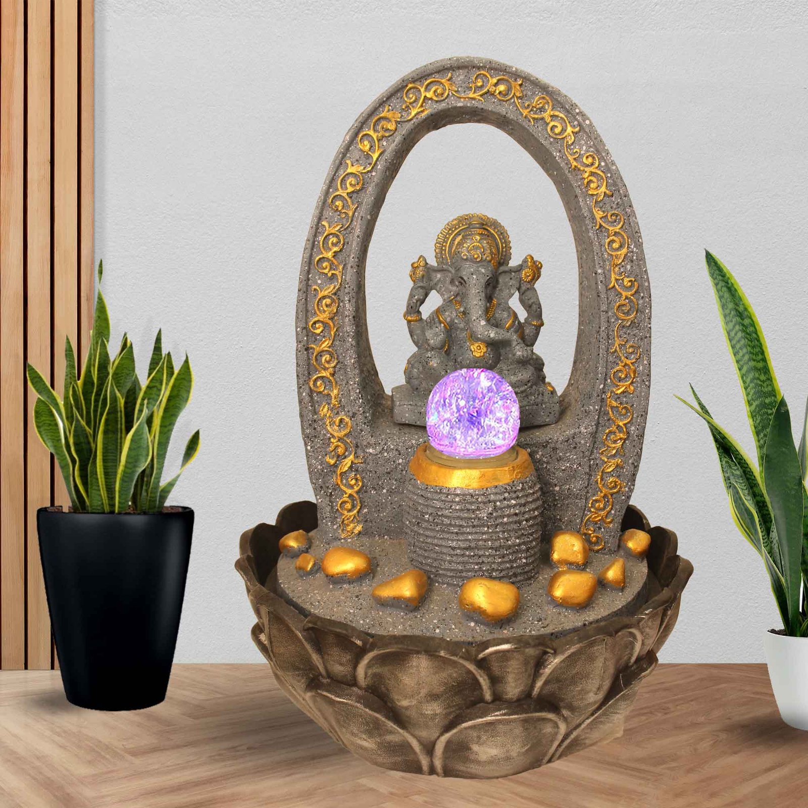 Polyresin Ganesha water fountain statues With Led Light & Crystal Ball - sandstone Finish 41 cm G57GX0209FGDMX-641