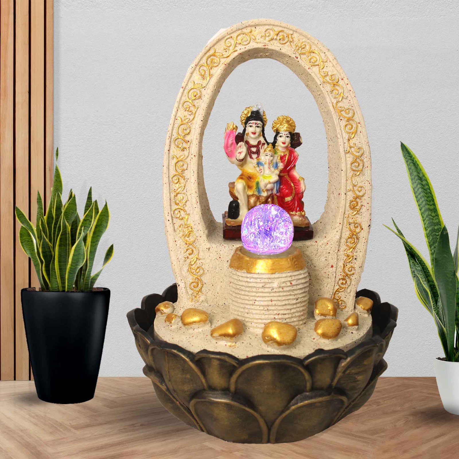 Shiv Parivaar waterfall for home decoration With Led Light & Crystal Ball - sandstone Finish 41 cm G57GX0209IGDMX-67X0036M