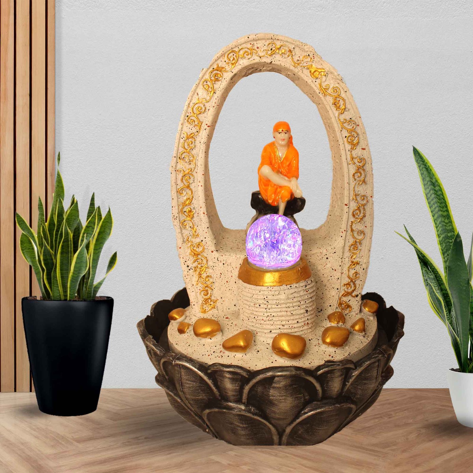 Handicraft Sai Baba fountain for terrace garden With Led Light & Crystal Ball - sandstone Finish 41 cm G57GX0209IGDMX-71X0287O