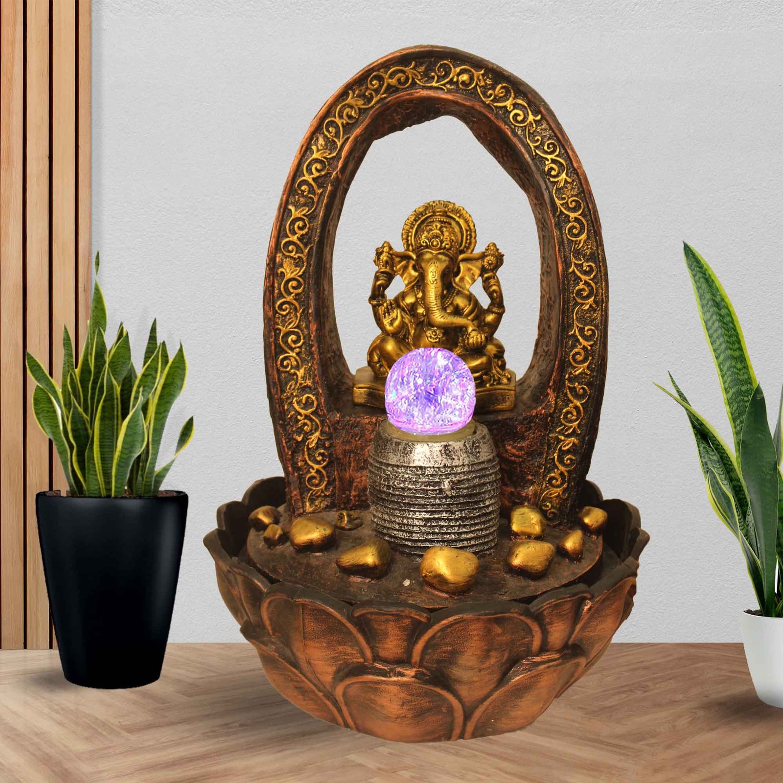 Polyresin Ganesha water fountain for garden small size With Led Light & Crystal Ball - Metalic Antique Finish 41 cm G57GX0209MGAMX-641