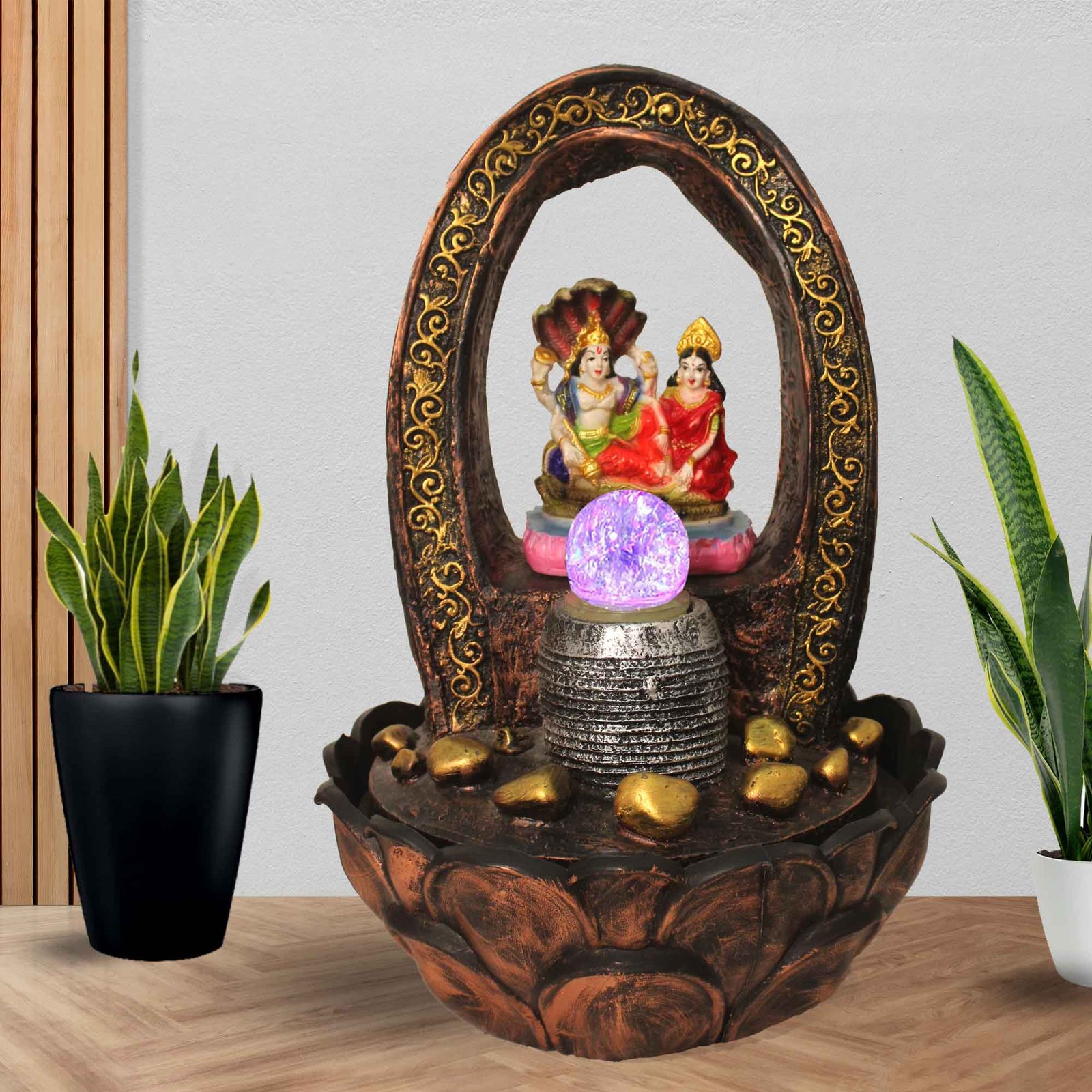 Lord Vishnu Laxmi desktop water fountain With Led Light & Crystal Ball - Metalic Antique Finish 41 cm G57GX0209MGAMX-67X0040M