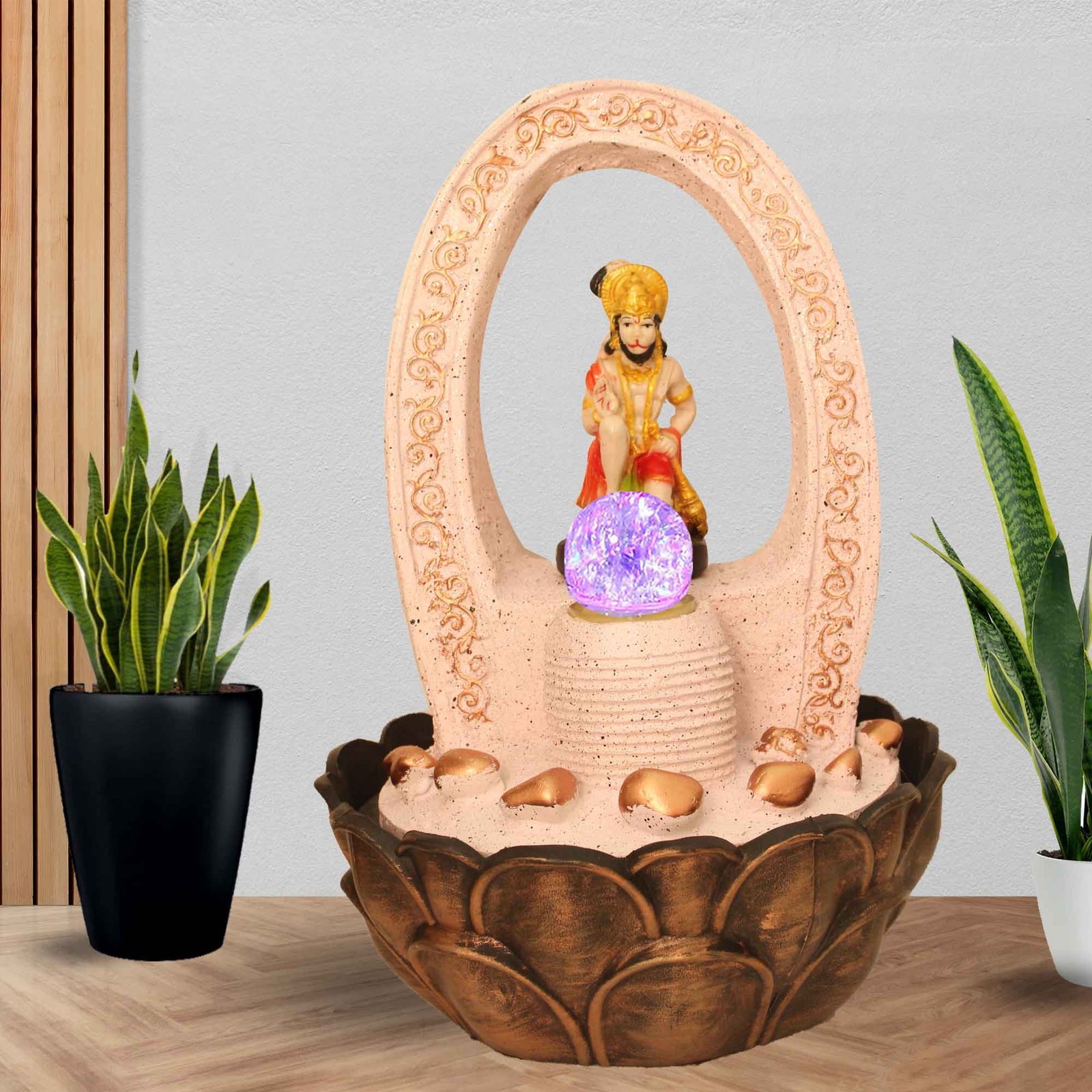 Lord Hanuman waterfall showpiece for home With Led Light & Crystal Ball - sandstone Finish 41 cm G57GX0209PCDMX-67X0037M