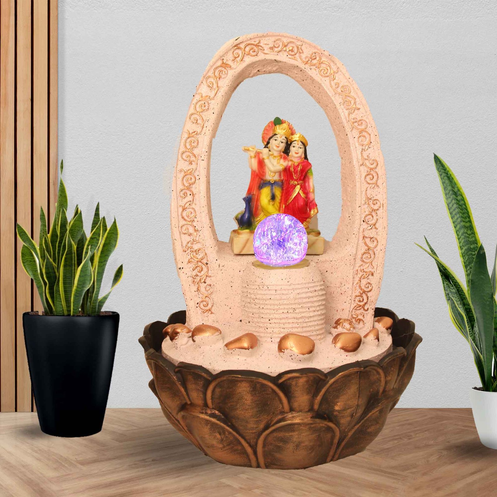Lord Radha Krishna electric tabletop water fountain With Led Light & Crystal Ball - sandstone Finish 41 cm G57GX0209PCDMX-67X0041M