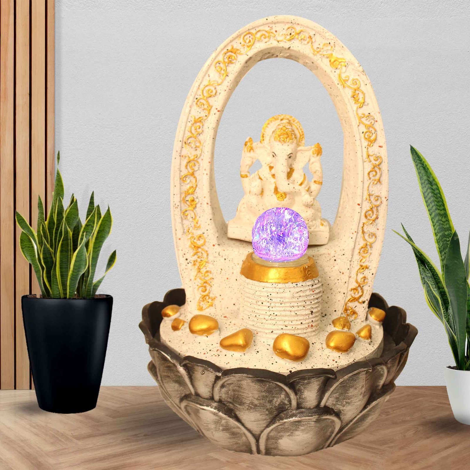 Polyresin Ganesha water fountain indoor decor With Led Light & Crystal Ball - sandstone Finish 41 cm G57GX0209WGDMX-641