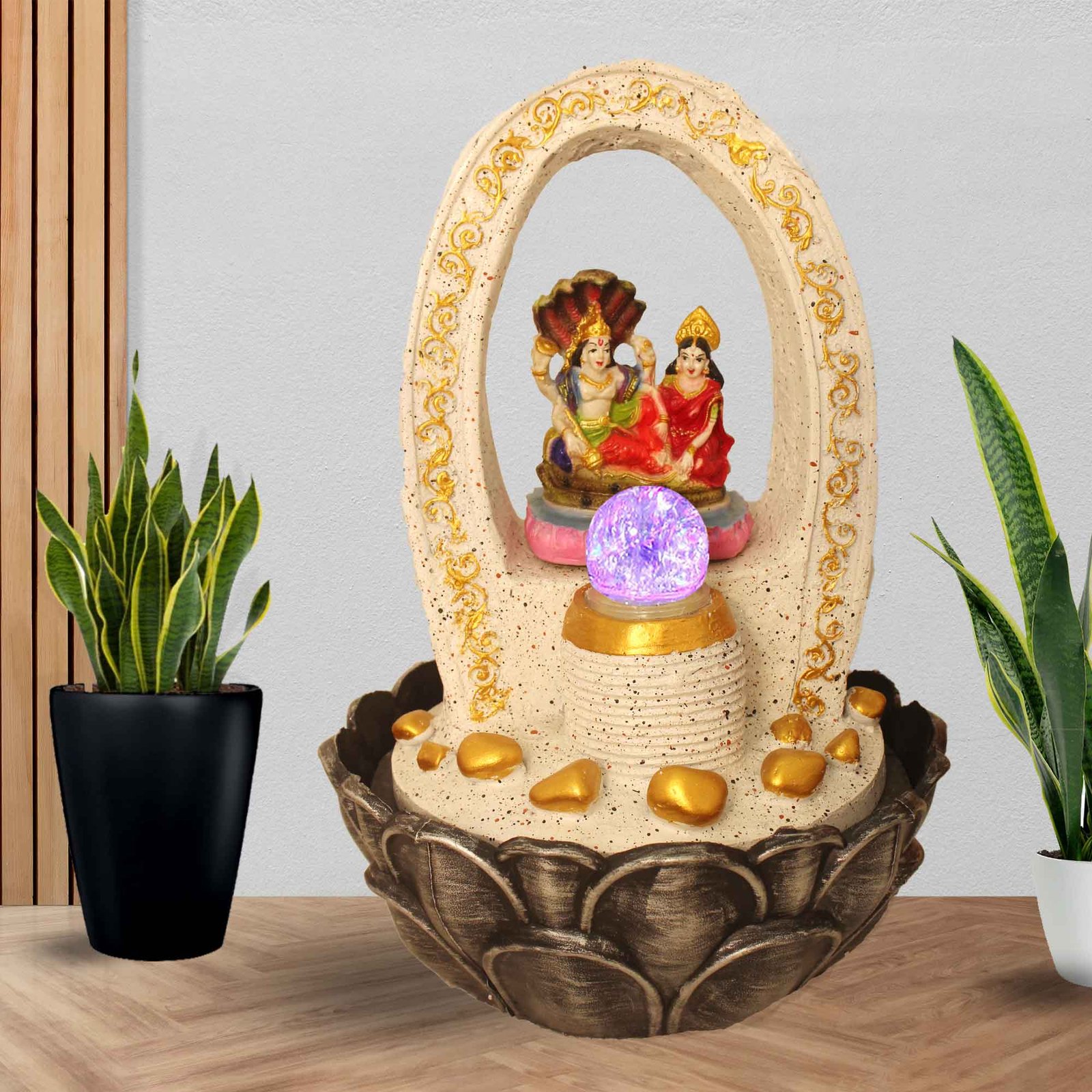 Lord Vishnu Laxmi decorative fountain waterfall With Led Light & Crystal Ball - sandstone Finish 41 cm G57GX0209WGDMX-67X0040M