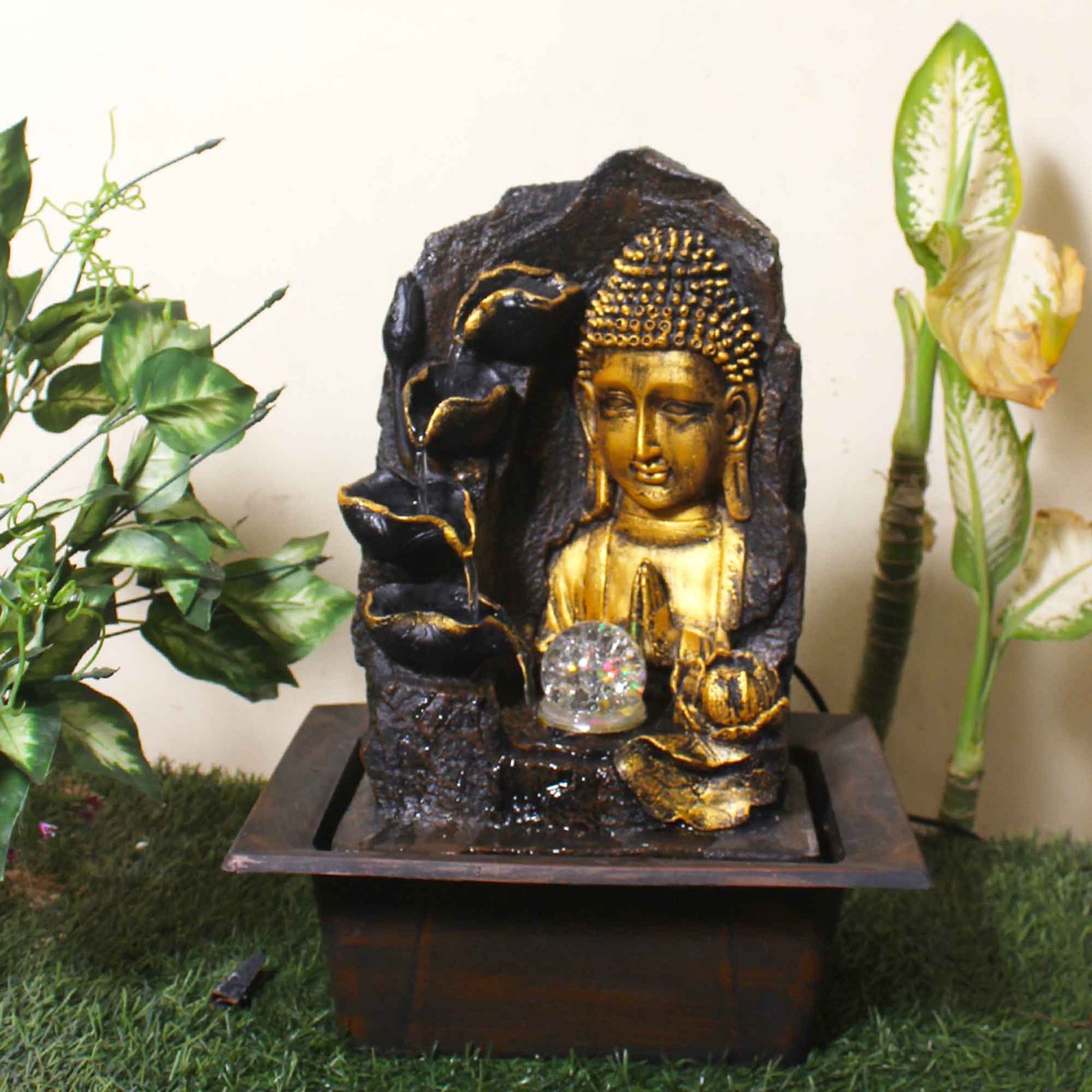 Buddha Face decorative water fountain With Led Light & Crystal Ball - Metalic Antique Finish 41 cm G57GX0215AGAMX