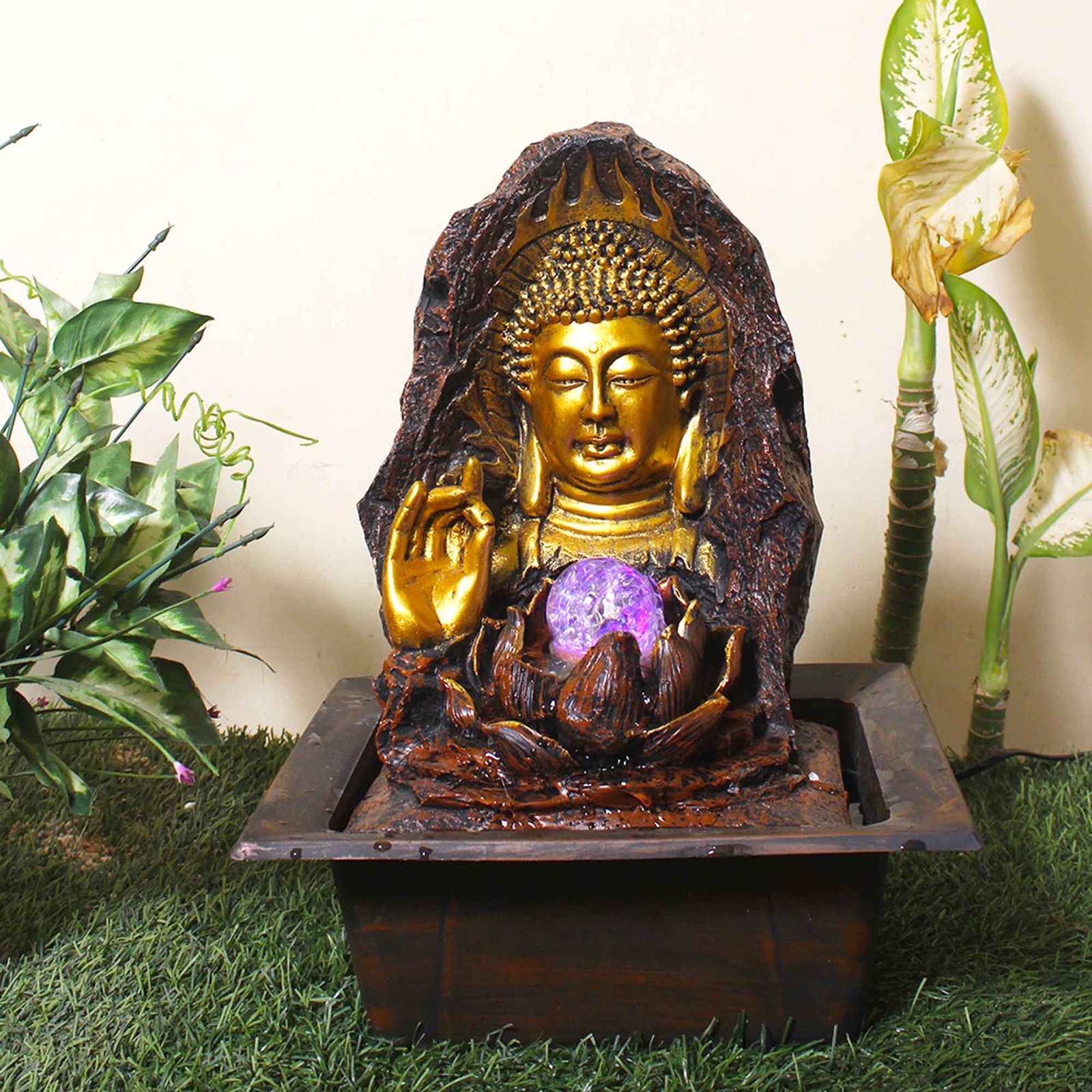 Buddha Face desktop fountain With Led Light & Crystal Ball - Metalic Antique Finish 41 cm G57GX0215MGAMX