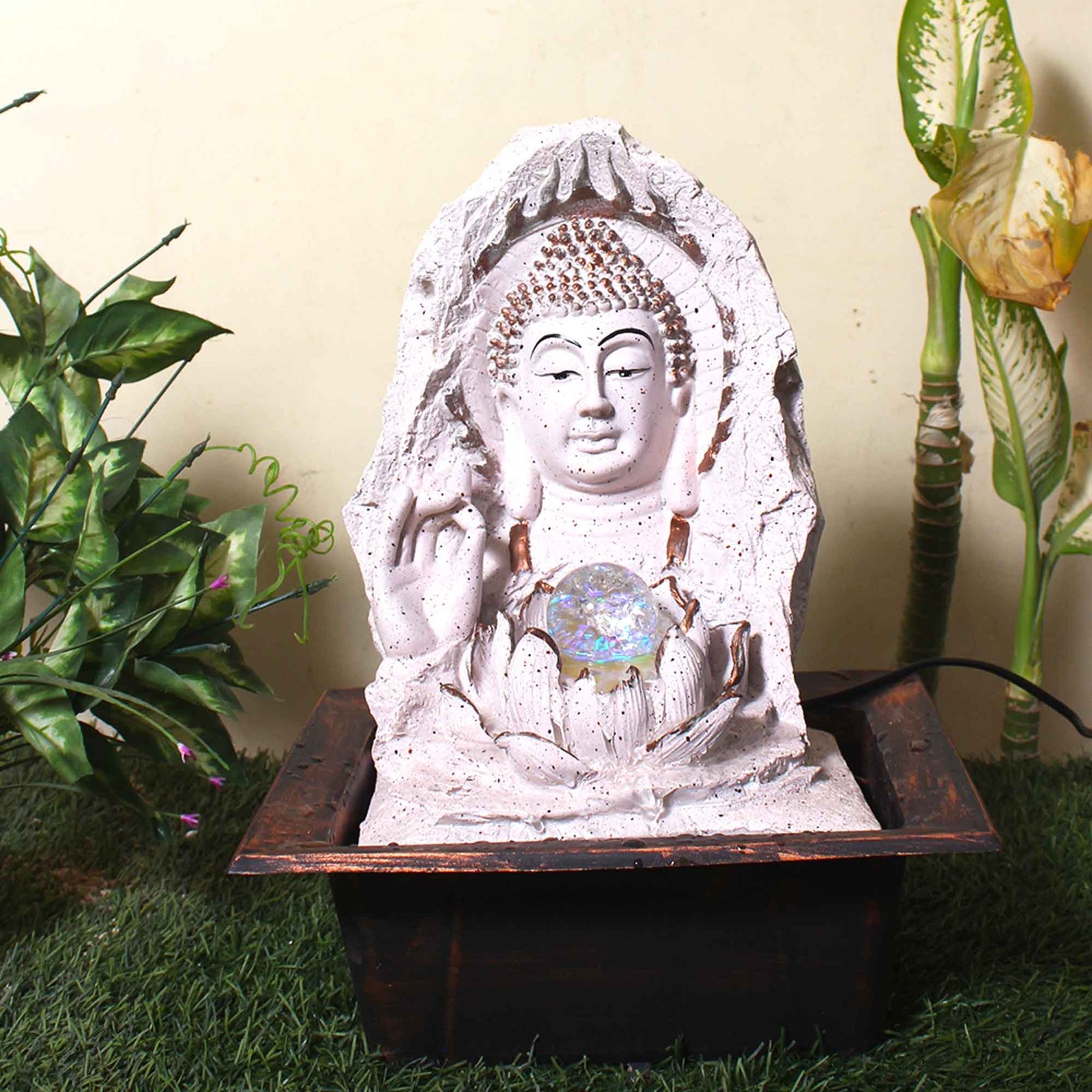 Buddha Face corner waterfall home decor With Led Light & Crystal Ball - sandstone Finish 41 cm G57GX0215PCDMX