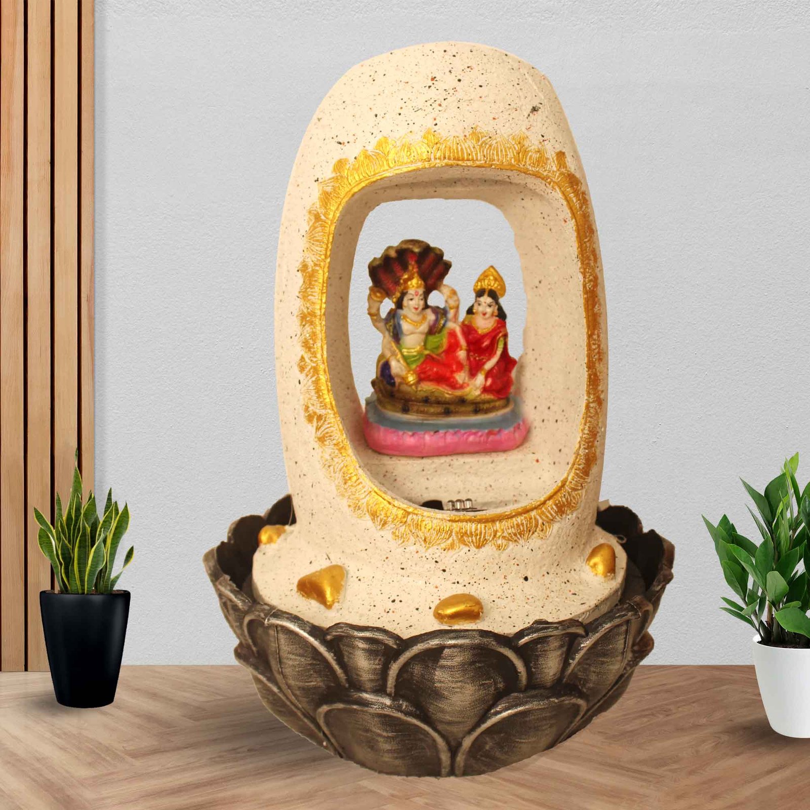 Lord Vishnu Laxmi water fountain for desk With Led Light - sandstone Finish 42 cm G57GX0217WGDMX-67X0040M