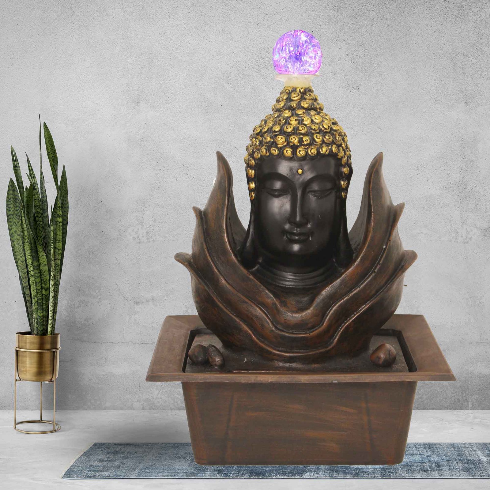 Buddha Bust desktop waterfall With Led Light & Crystal Ball - Metalic Antique Finish 44 cm G57GX0220AGAMX
