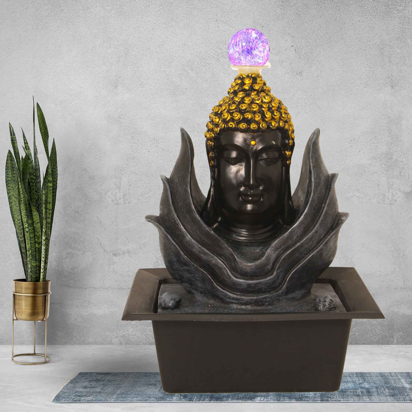 Buddha Bust electric tabletop water fountain With Led Light & Crystal Ball - Metalic Antique Finish 44 cm G57GX0220FGAMX