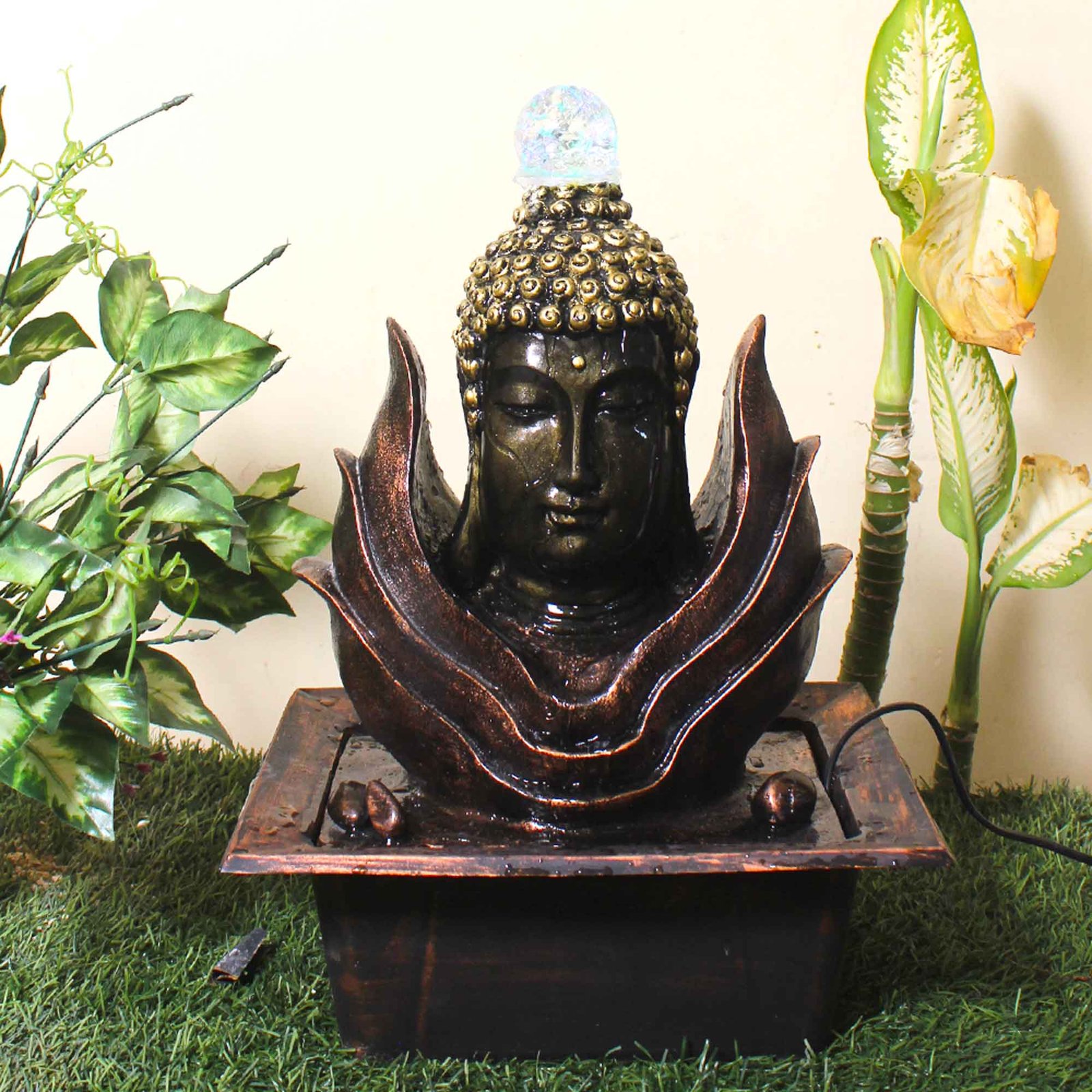 Buddha Bust electric water fountain indoor With Led Light & Crystal Ball - Metalic Antique Finish 44 cm G57GX0220MGAMX