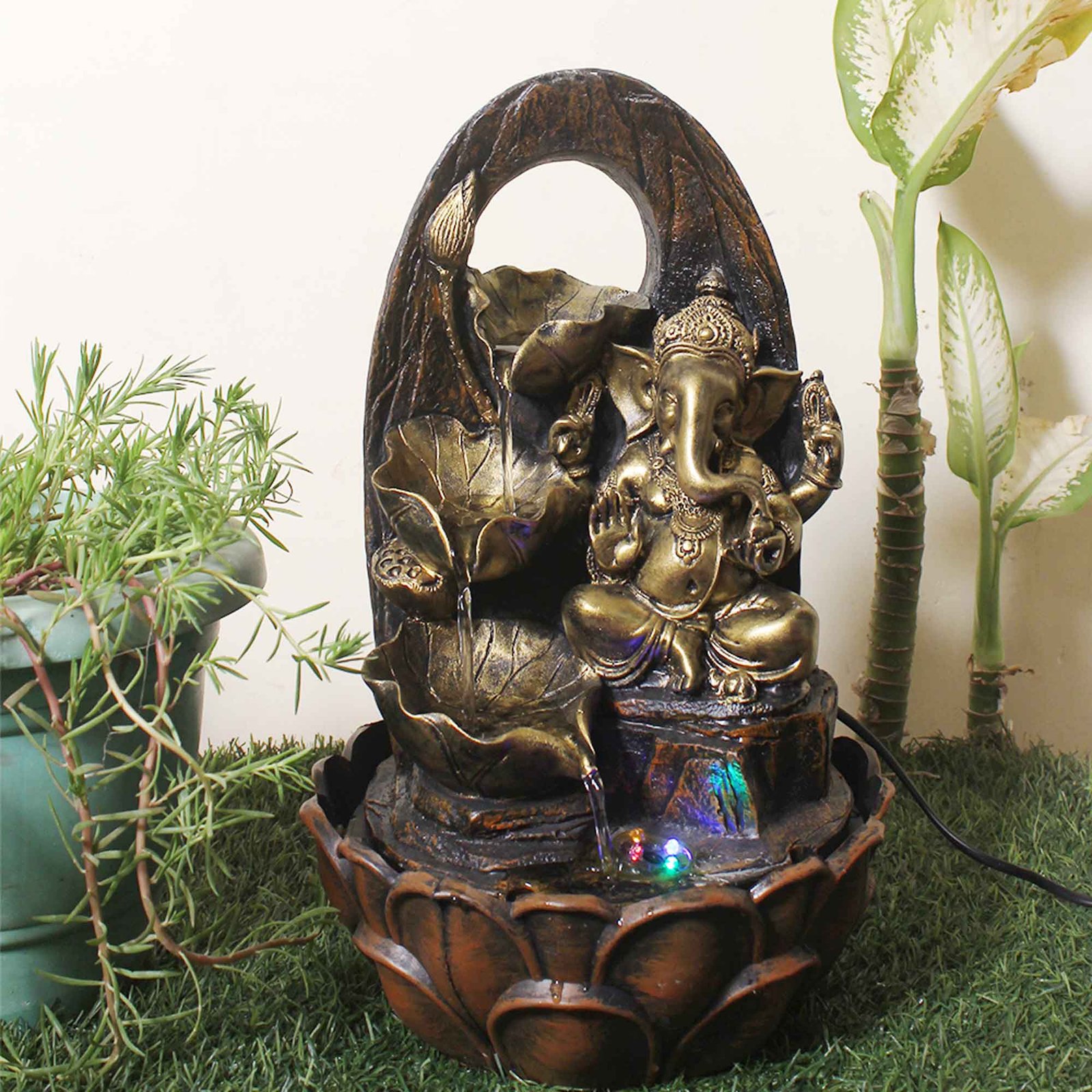Decorative Ganesh small water fountain for garden With Led Light - Metalic Antique Finish 42 cm G57GX0223AGAMX