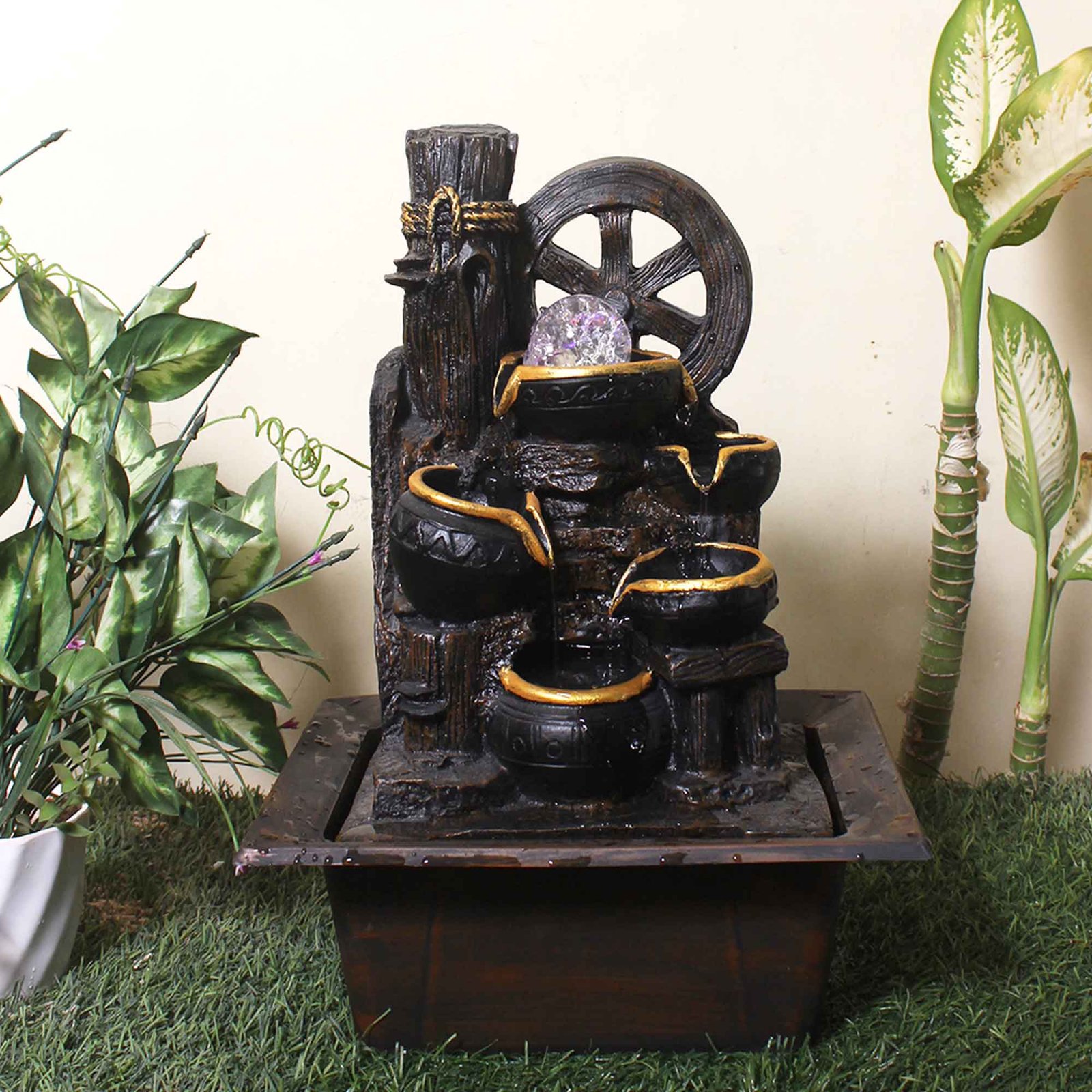 Matkas with Wheel indoor water falls With Led Light & Crystal Ball - Metalic Antique Finish 41 cm G57GX0312AGAMX