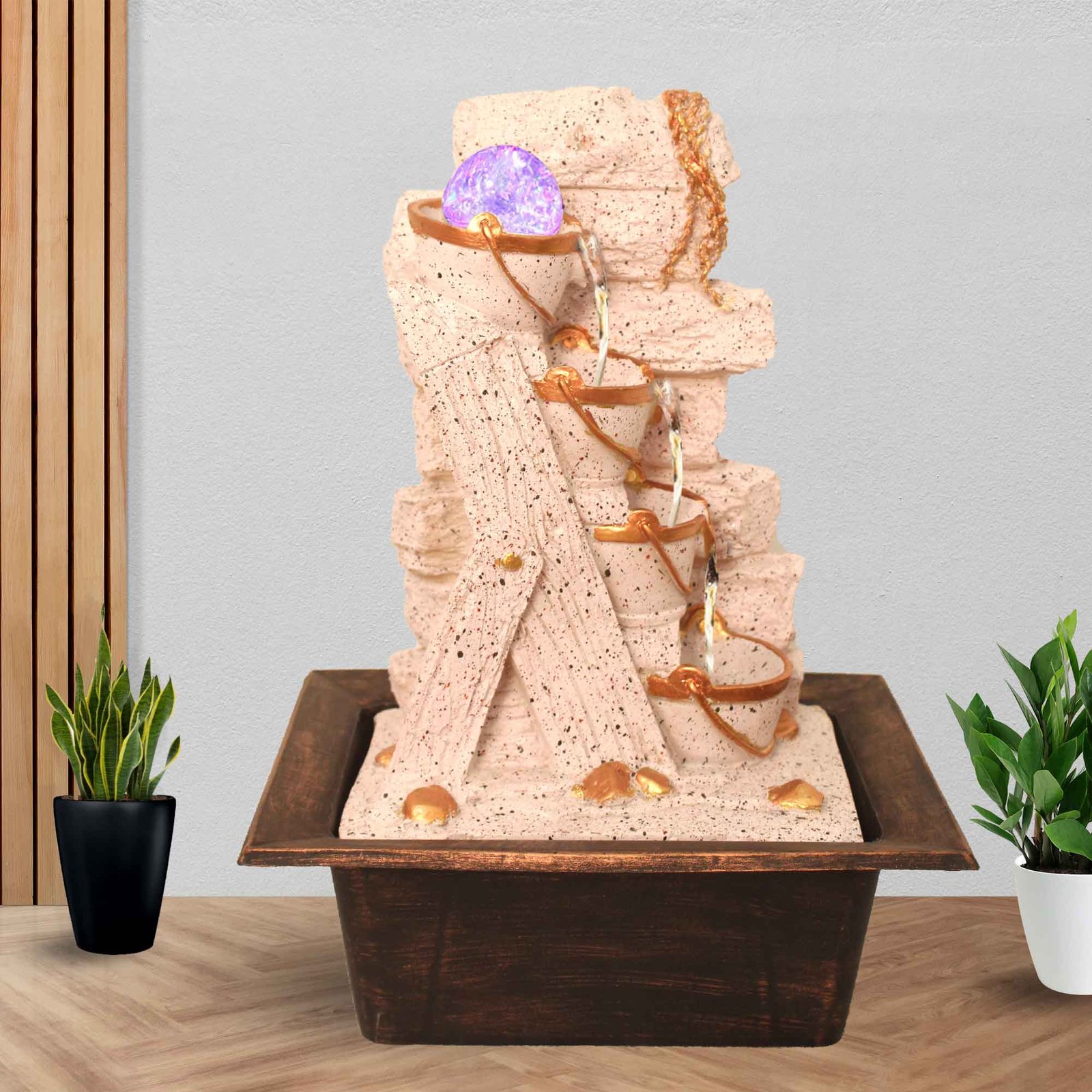 Diyas with bucket indoor water fountain for living room With Led Light & Crystal Ball - sandstone Finish 42 cm G57GX0313PCDMX