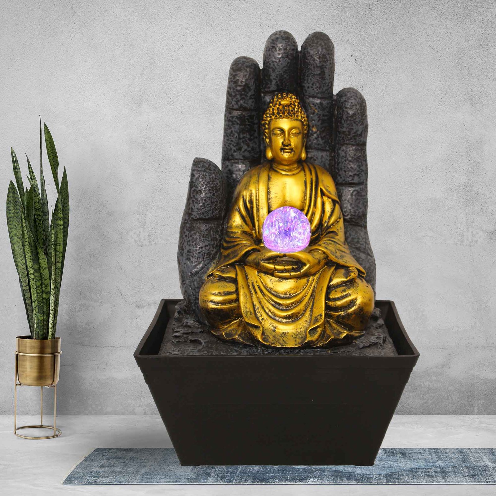Palm Buddha electric water fountain With Led Light & Crystal Ball - Metalic Antique Finish 42 cm G57GX0314FGAMX