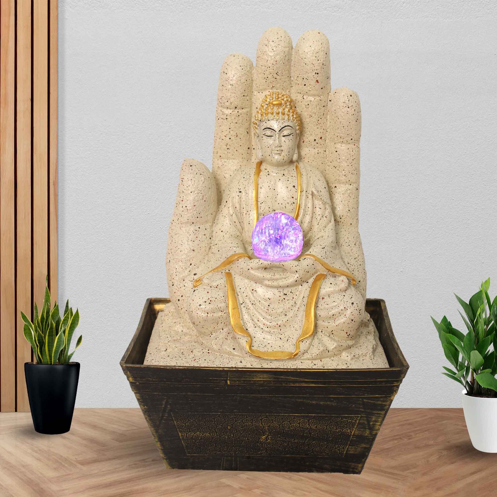 Hand Buddha living room indoor water fountain With Led Light & Crystal Ball - sandstone Finish 42 cm G57GX0314IGDMX