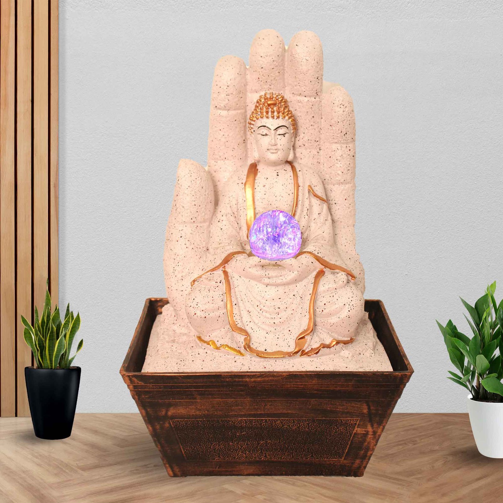 Hand Buddha interior waterfall With Led Light & Crystal Ball - sandstone Finish 42 cm G57GX0314PCDMX