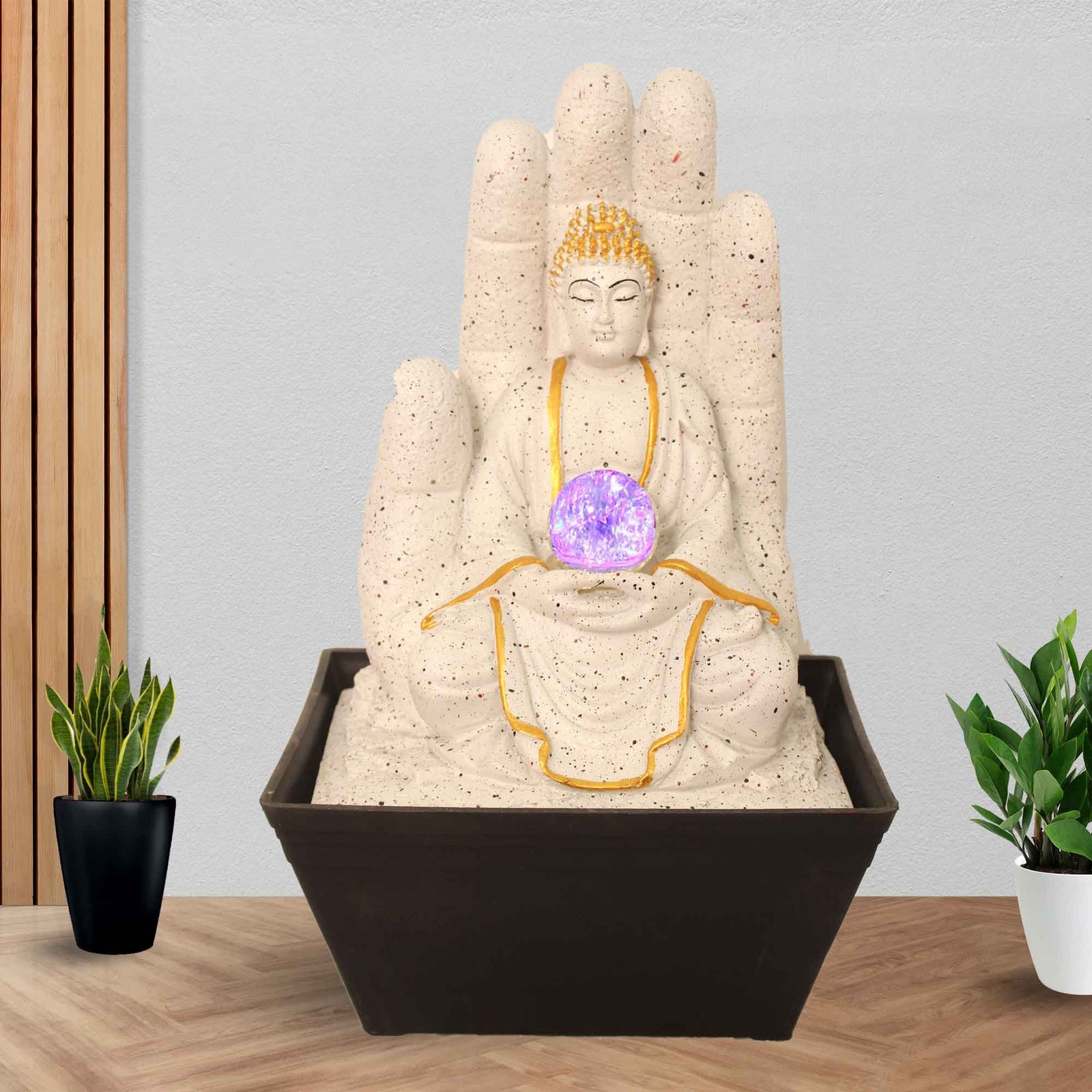 Hand Buddha interior water fountain With Led Light & Crystal Ball - sandstone Finish 42 cm G57GX0314WGDMX