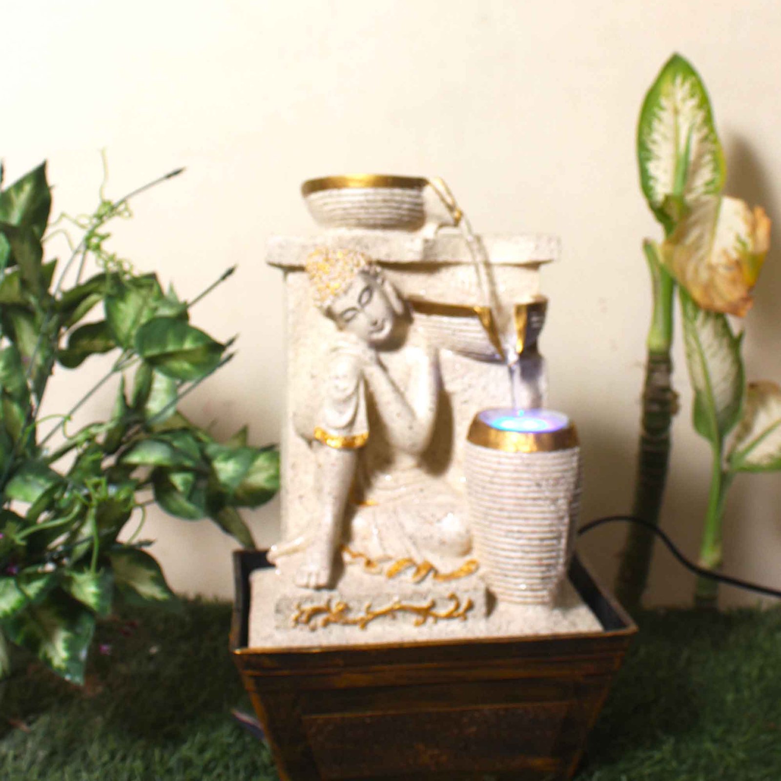 Resting Buddha tabletop fountain With Led Light - sandstone Finish 41 cm G57GX0315IGDMX