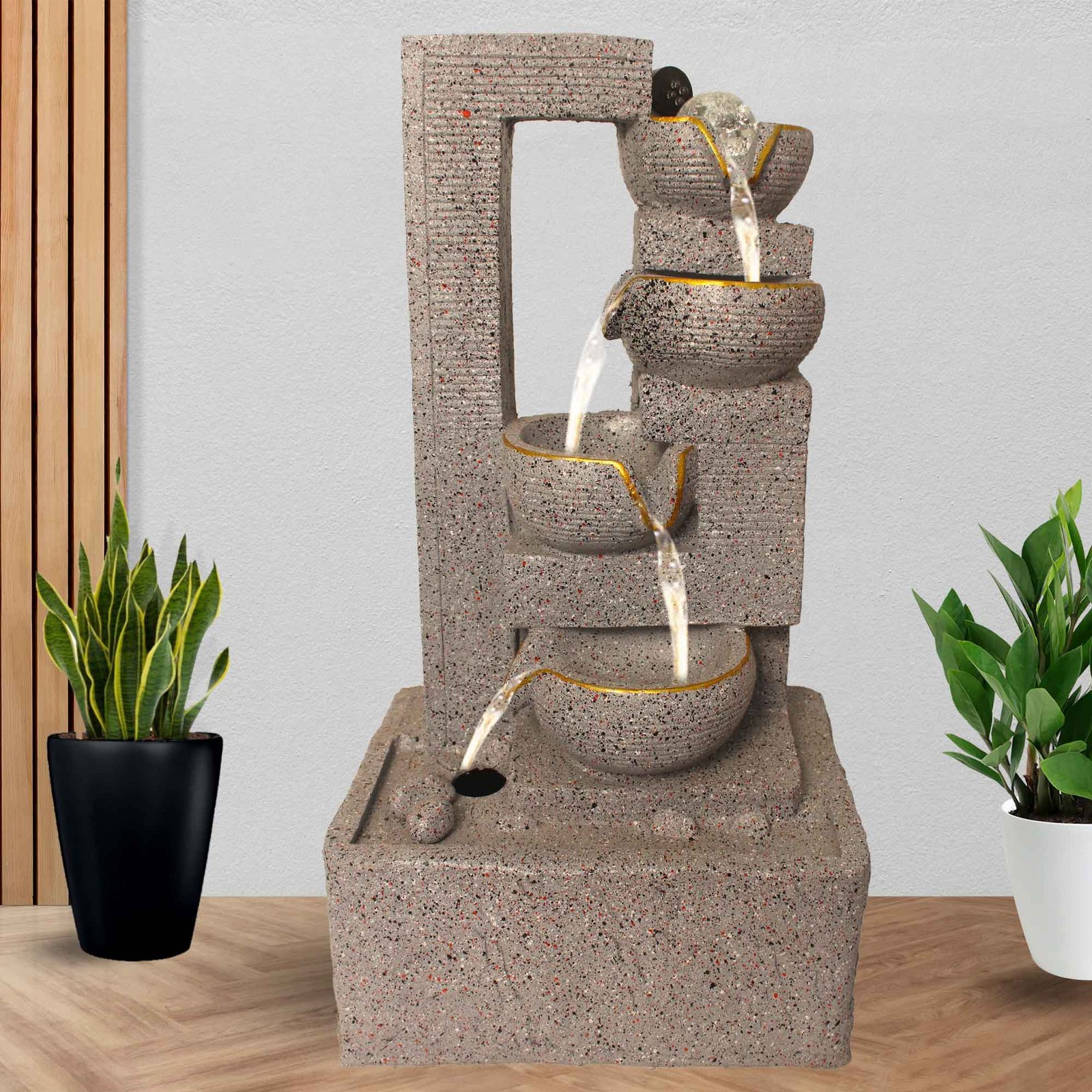 Decorative Diya water fountain home decor Large Size With Led Light & Crystal Ball - sandstone Finish 53 cm G57GX0432FGDMX